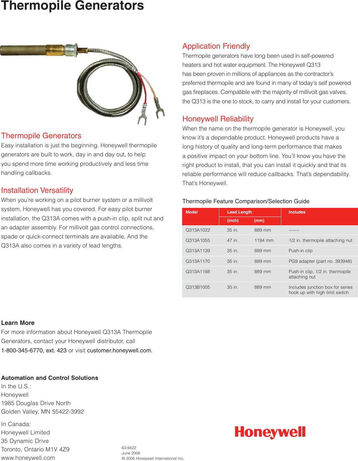 Page 2 of 2 - Honeywell Honeywell-Q313A-Users-Manual- 63-9422 - Thermopile Generators  Honeywell-q313a-users-manual