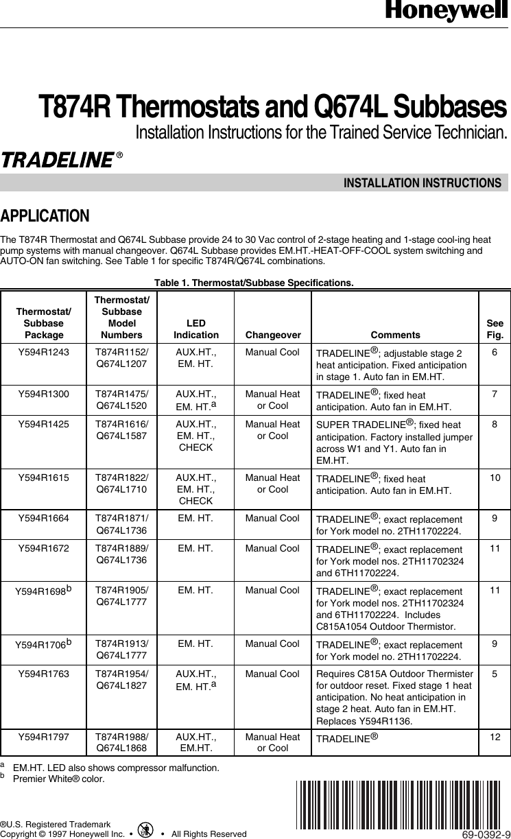 Page 1 of 12 - Honeywell Honeywell-Q674L-Users-Manual- 69-0392 -T874R Thermostats And Q674L Subbases  Honeywell-q674l-users-manual