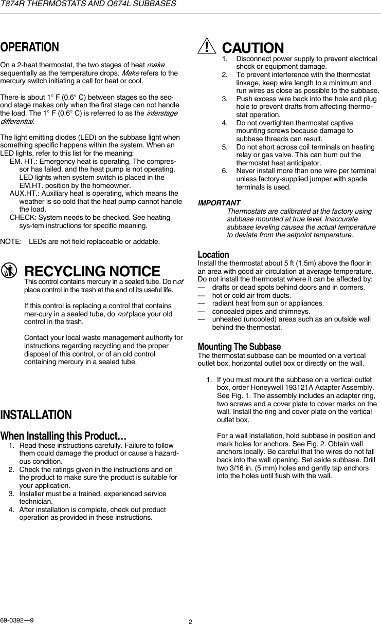 Page 2 of 12 - Honeywell Honeywell-Q674L-Users-Manual- 69-0392 -T874R Thermostats And Q674L Subbases  Honeywell-q674l-users-manual