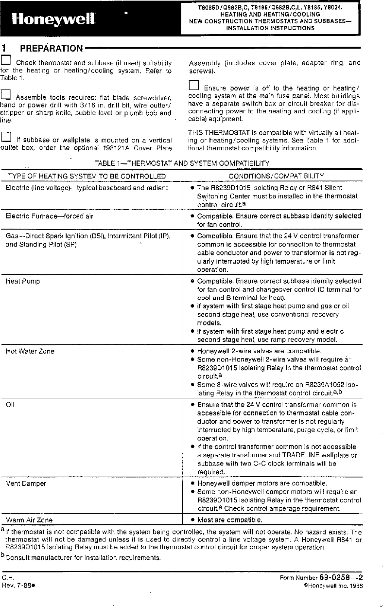 Page 1 of 8 - Honeywell Honeywell-Q682C-Users-Manual- 69-0258 - T8085D/Q682B,C, T8185/Q682B,C,L, Y8185, Y8024, HEATING AND HEATING/COOLING  Honeywell-q682c-users-manual