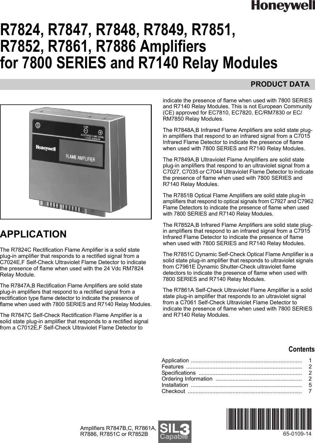 Page 1 of 8 - Honeywell Honeywell-R7824-Users-Manual- 65-0109—14 - R7824, R7847, R7848, R7849, R7851, R7852, R7861, R7886 Amplifiers For 7800 SERIES And R7140 Relay Modules  Honeywell-r7824-users-manual