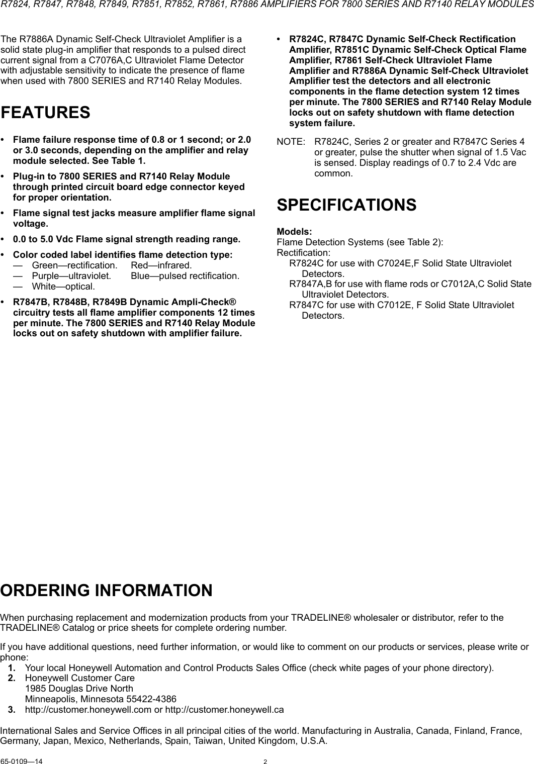 Page 2 of 8 - Honeywell Honeywell-R7824-Users-Manual- 65-0109—14 - R7824, R7847, R7848, R7849, R7851, R7852, R7861, R7886 Amplifiers For 7800 SERIES And R7140 Relay Modules  Honeywell-r7824-users-manual