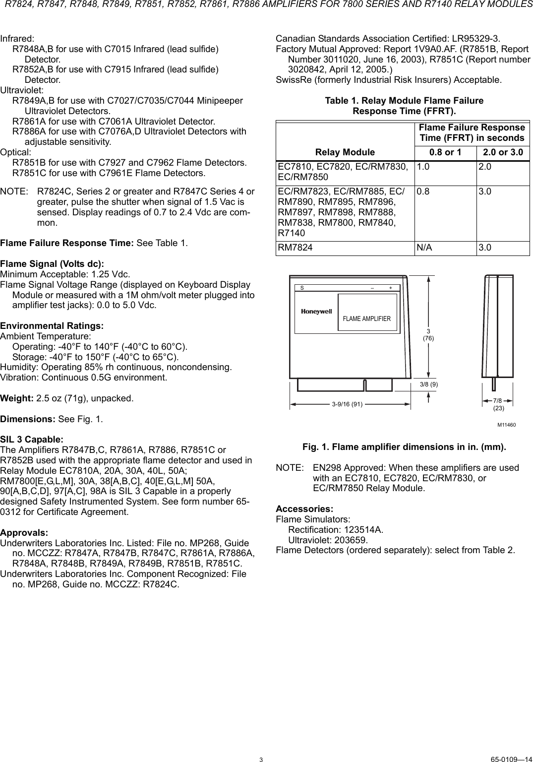 Page 3 of 8 - Honeywell Honeywell-R7824-Users-Manual- 65-0109—14 - R7824, R7847, R7848, R7849, R7851, R7852, R7861, R7886 Amplifiers For 7800 SERIES And R7140 Relay Modules  Honeywell-r7824-users-manual