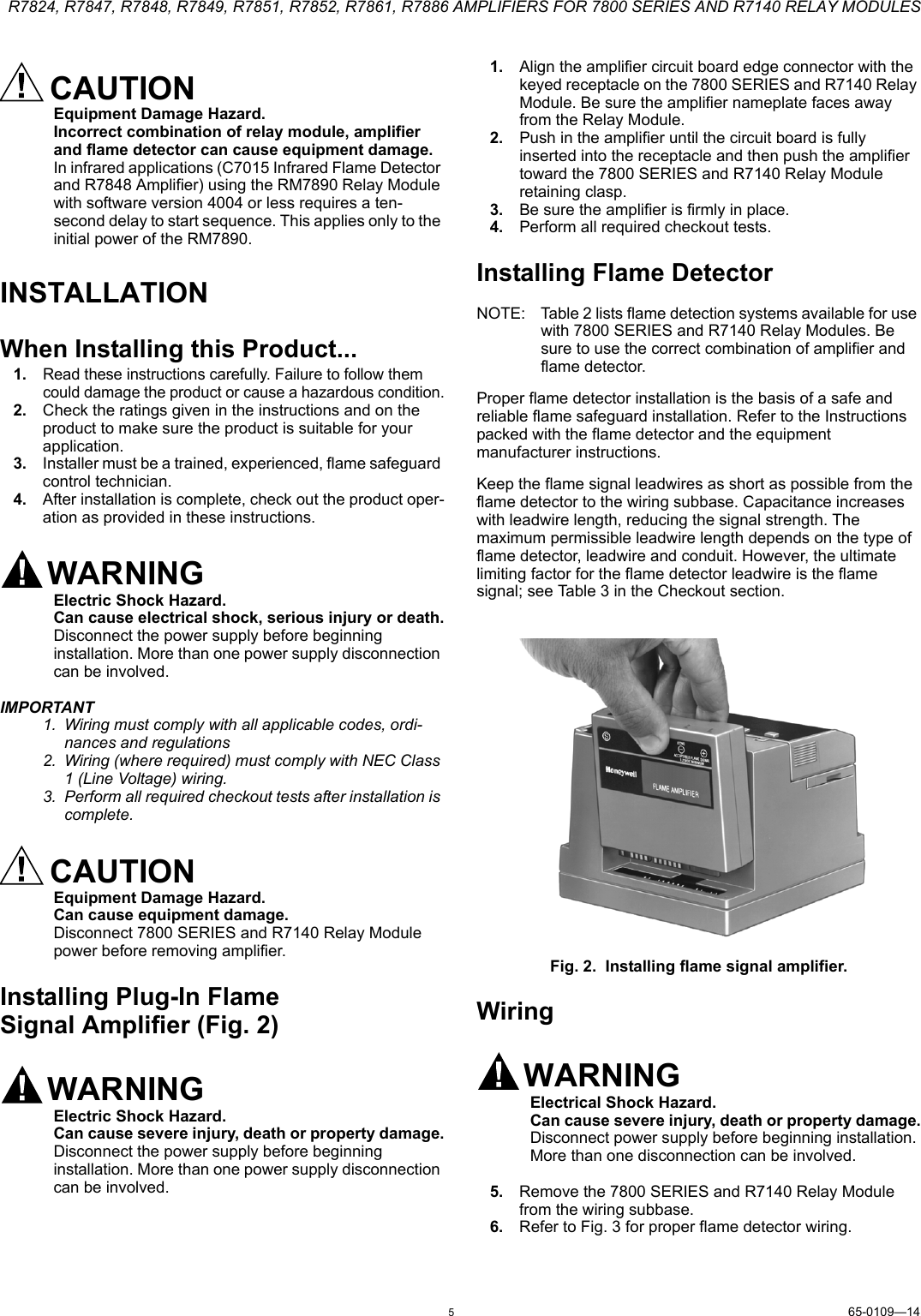 Page 5 of 8 - Honeywell Honeywell-R7824-Users-Manual- 65-0109—14 - R7824, R7847, R7848, R7849, R7851, R7852, R7861, R7886 Amplifiers For 7800 SERIES And R7140 Relay Modules  Honeywell-r7824-users-manual