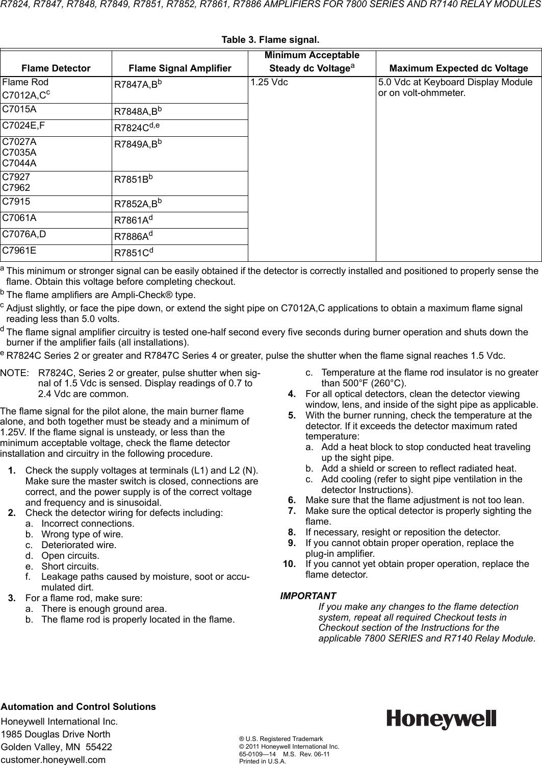 Page 8 of 8 - Honeywell Honeywell-R7824-Users-Manual- 65-0109—14 - R7824, R7847, R7848, R7849, R7851, R7852, R7861, R7886 Amplifiers For 7800 SERIES And R7140 Relay Modules  Honeywell-r7824-users-manual