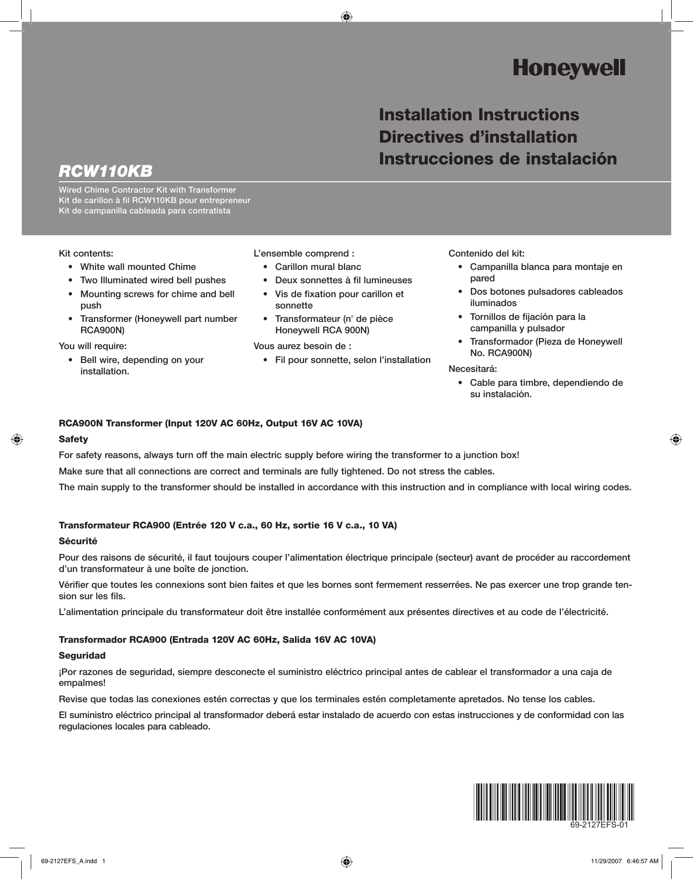 Page 1 of 4 - Honeywell Honeywell-Rcw110-Installation-Information- 69-2127EFS-01 - RCW110KB Honeywell-rcw110-installation-information