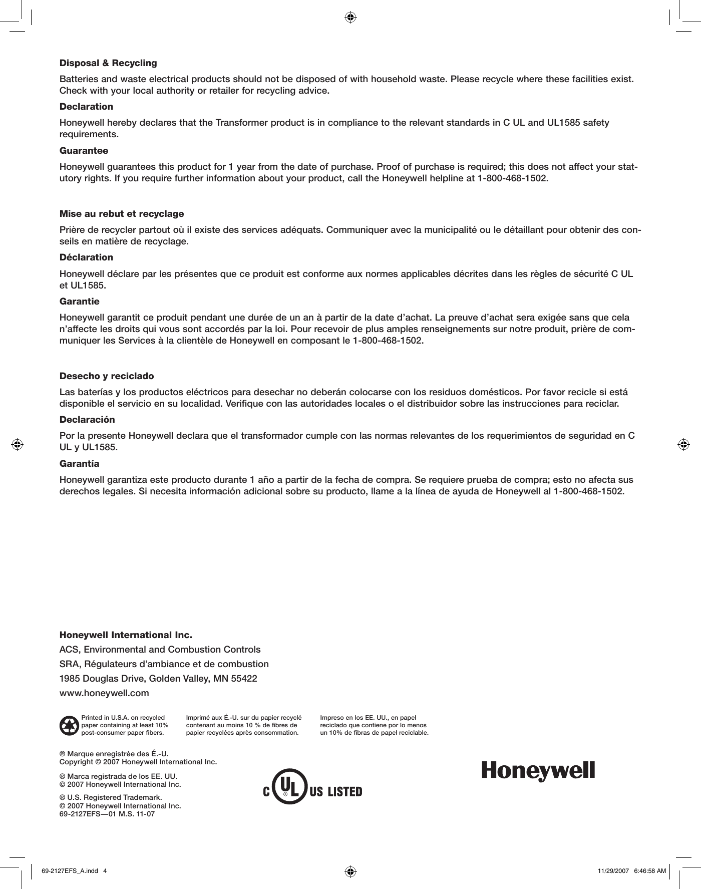 Page 4 of 4 - Honeywell Honeywell-Rcw110-Installation-Information- 69-2127EFS-01 - RCW110KB Honeywell-rcw110-installation-information