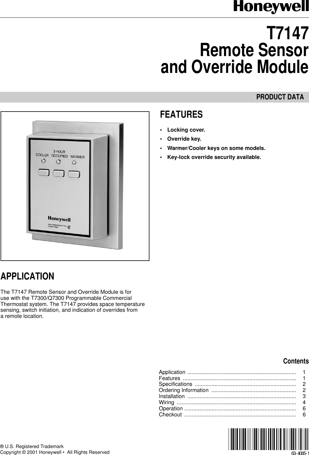 Honeywell Remote Sensor T7147 Users Manual And Override Module