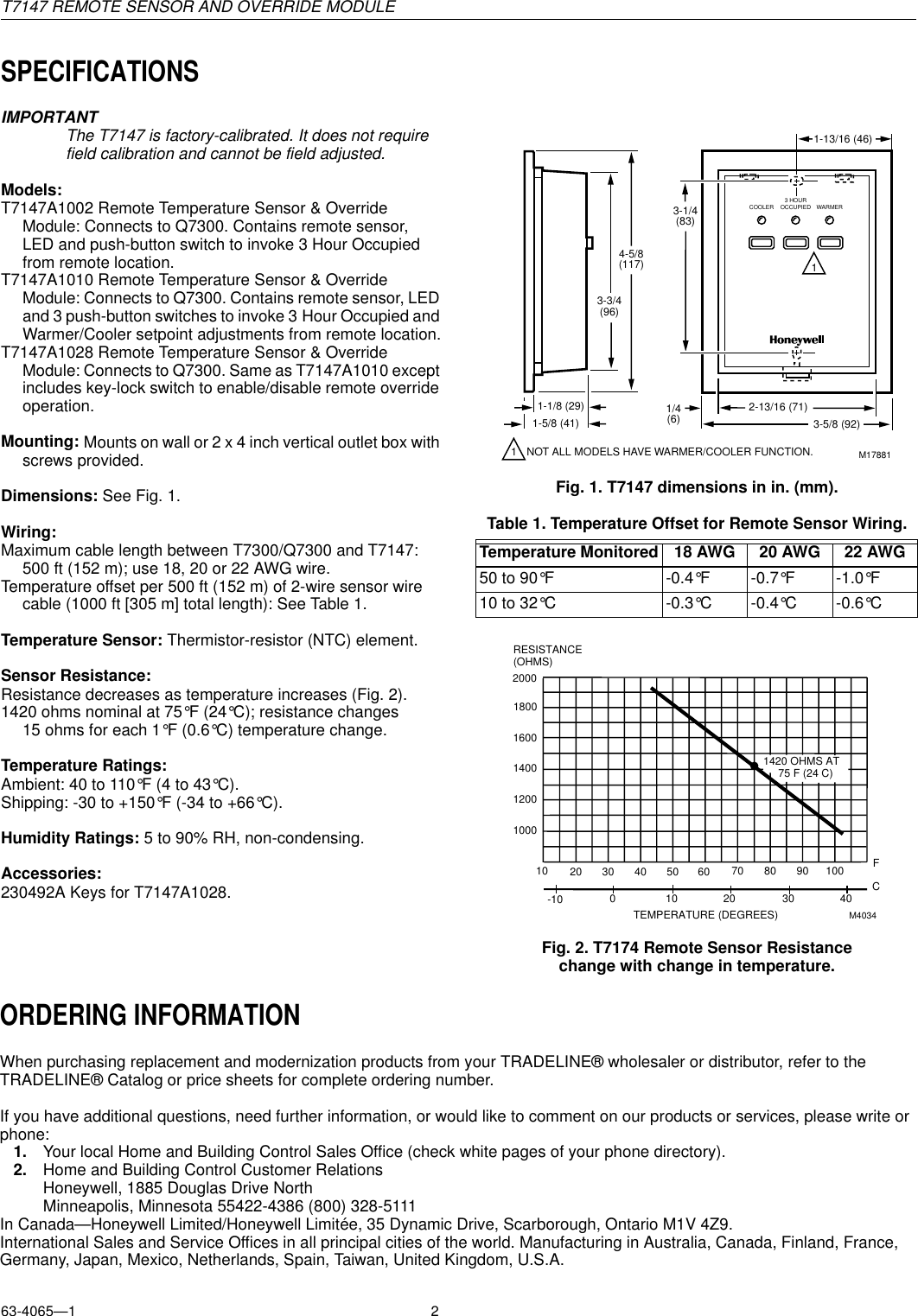Page 2 of 8 - Honeywell Honeywell-Remote-Sensor-T7147-Users-Manual- T7147 Remote Sensor And Override Module Honeywell-remote-sensor-t7147-users-manual