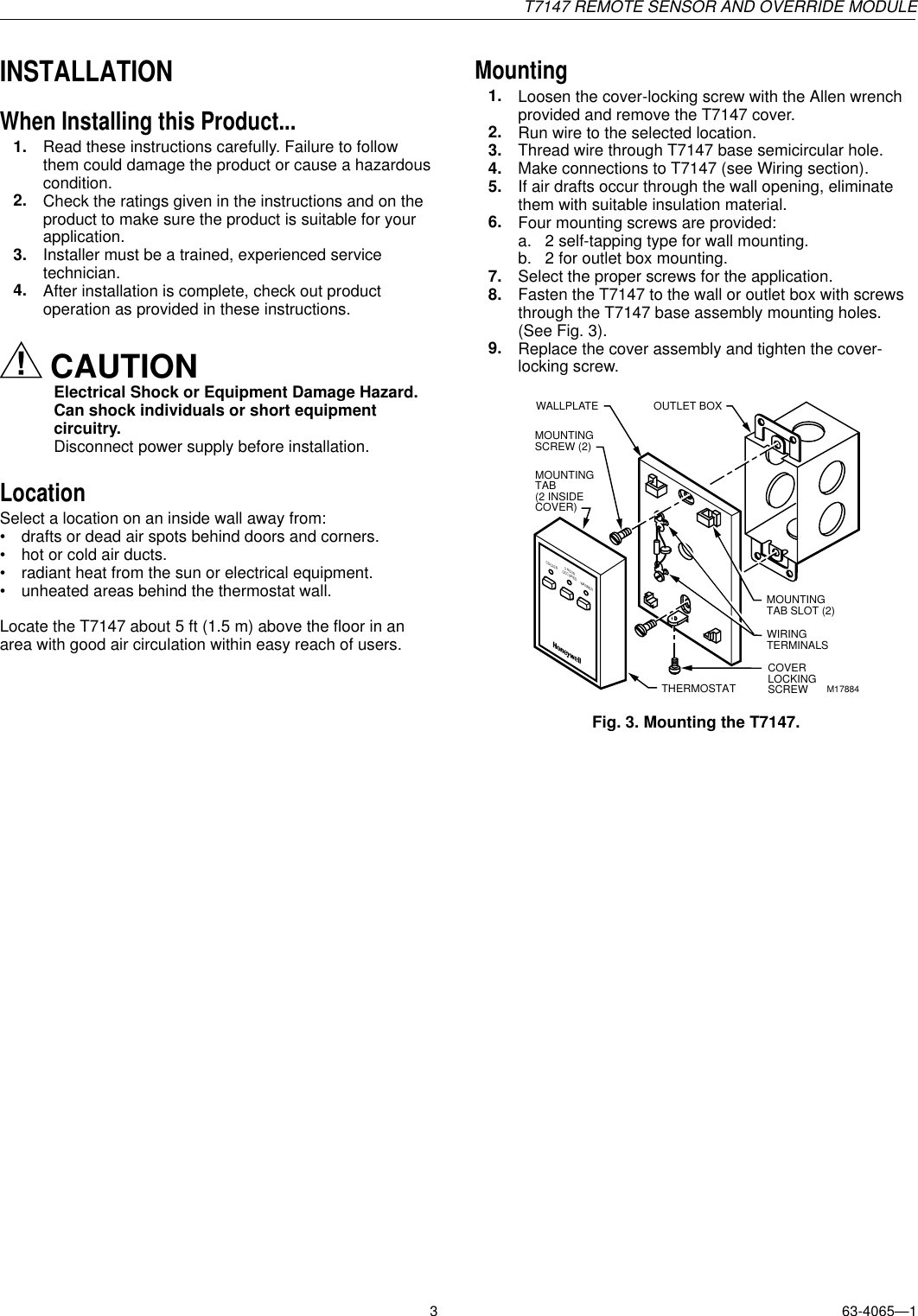 Honeywell Remote Sensor T7147 Users Manual And Override Module