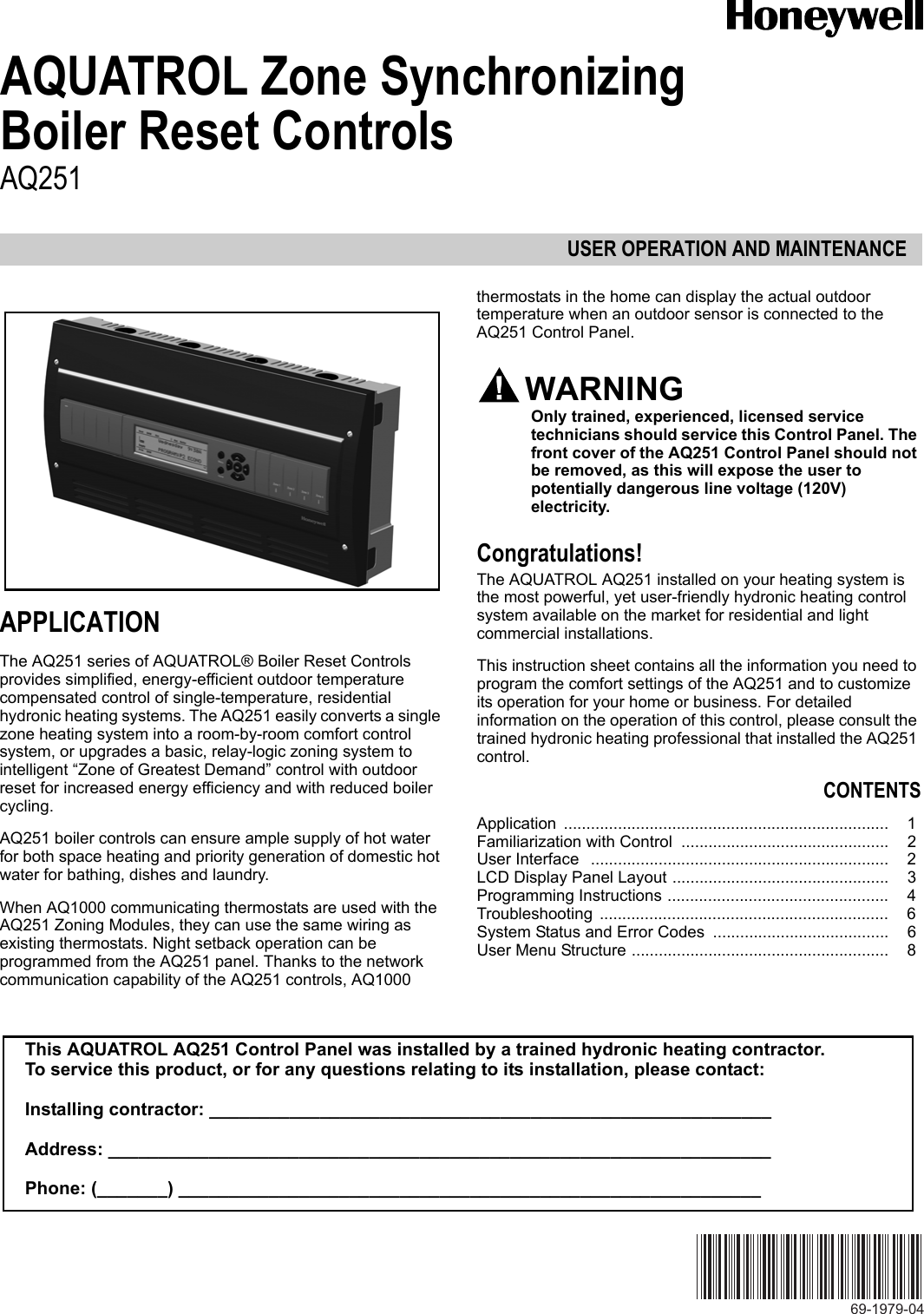 Page 1 of 8 - Honeywell Honeywell-Reset-Controls-Aq251-Users-Manual- 69-1979—04 - AQ251 AQUATROL Zone Synchronizing Boiler Reset Controls  Honeywell-reset-controls-aq251-users-manual