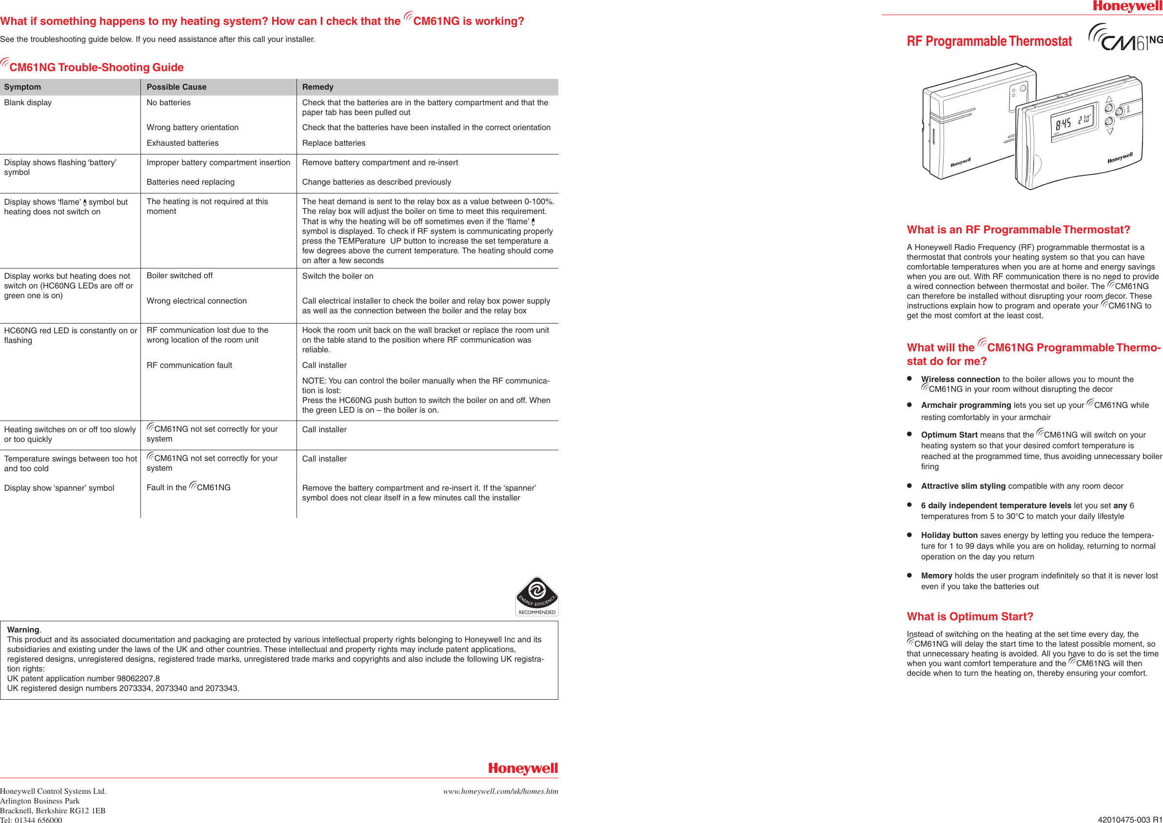 Page 1 of 2 - Honeywell Honeywell-Rf-Cm61Ng-Users-Manual- CM61NG User Guide (UK English).p65  Honeywell-rf-cm61ng-users-manual