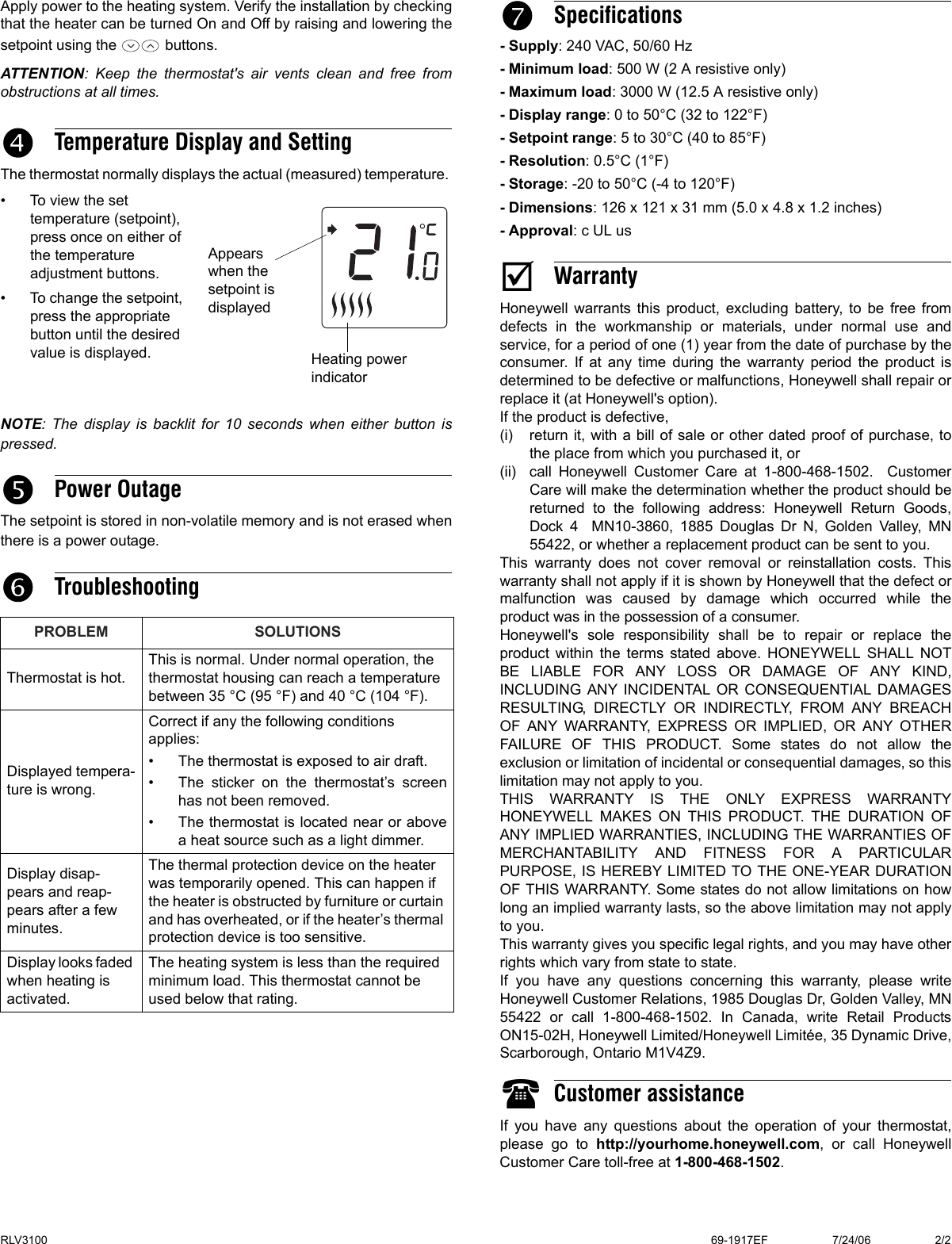 Page 2 of 4 - Honeywell Honeywell-Rlv3100-Users-Manual- 69-1917EF RLV3100 Digital Non-Programmable Thermostat  Honeywell-rlv3100-users-manual