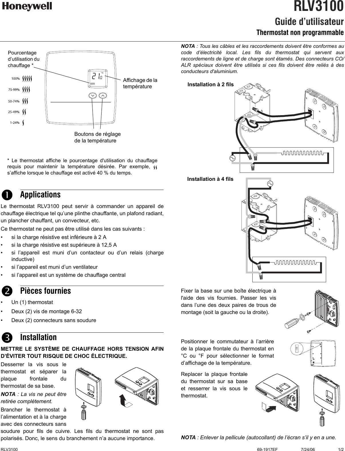 Page 3 of 4 - Honeywell Honeywell-Rlv3100-Users-Manual- 69-1917EF RLV3100 Digital Non-Programmable Thermostat  Honeywell-rlv3100-users-manual