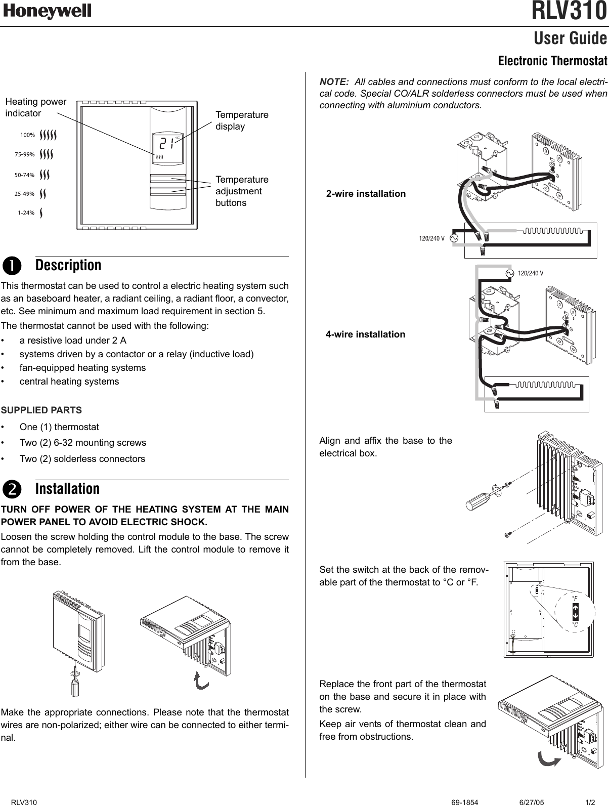 Page 1 of 2 - Honeywell Honeywell-Rlv310-Users-Manual- 69-1854- RLV310 TH108  Honeywell-rlv310-users-manual