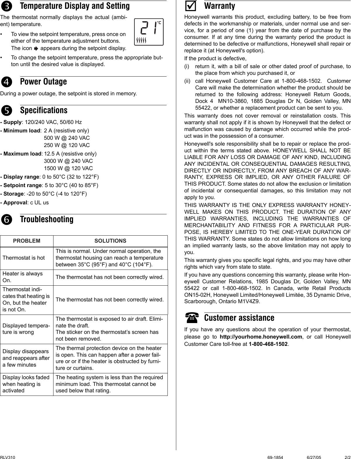 Page 2 of 2 - Honeywell Honeywell-Rlv310-Users-Manual- 69-1854- RLV310 TH108  Honeywell-rlv310-users-manual