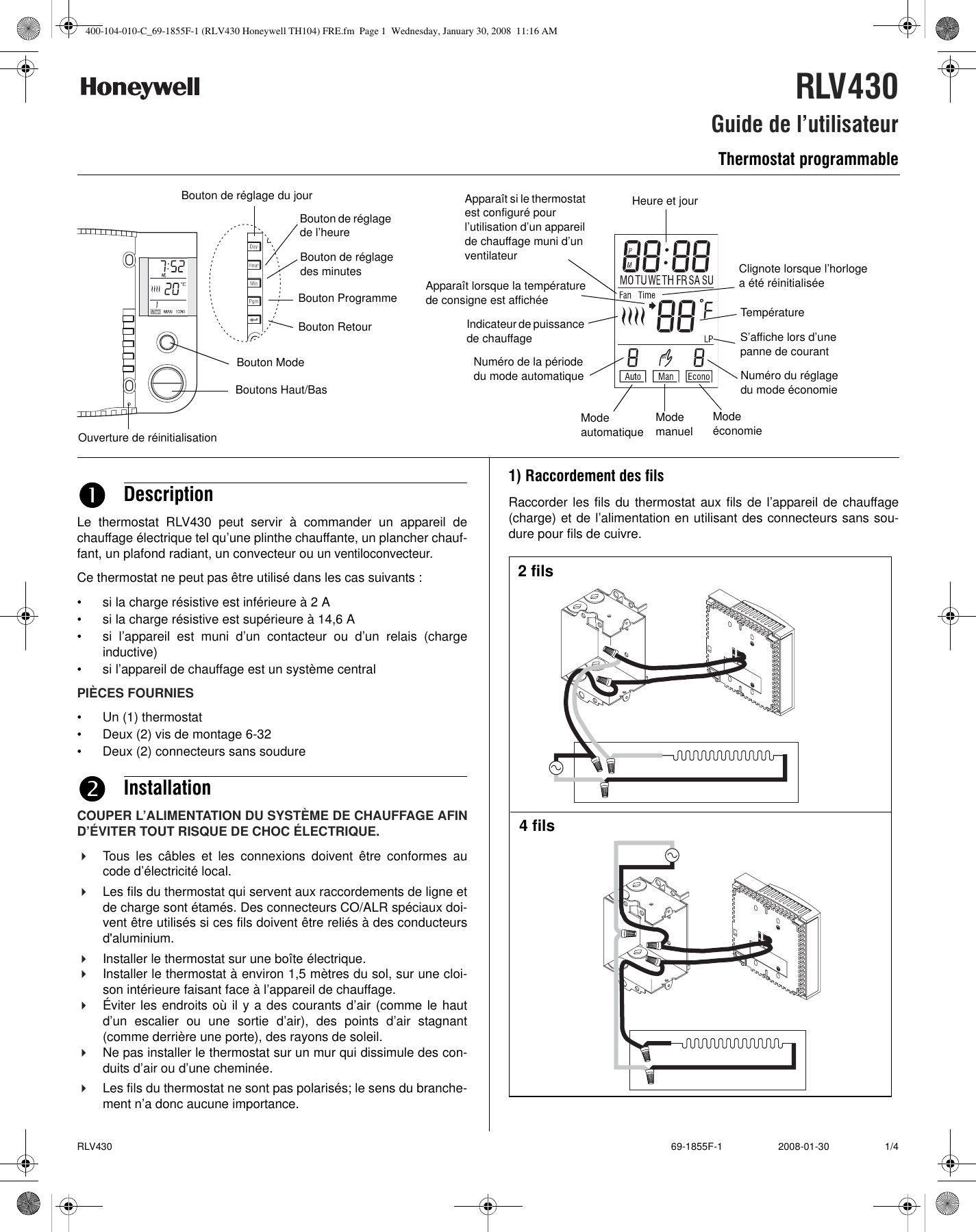 Page 1 of 4 - Honeywell Honeywell-Rlv430A-Owner-S-Manual 400-104-010-C_69-1855F-1 (RLV430 TH104) FRE