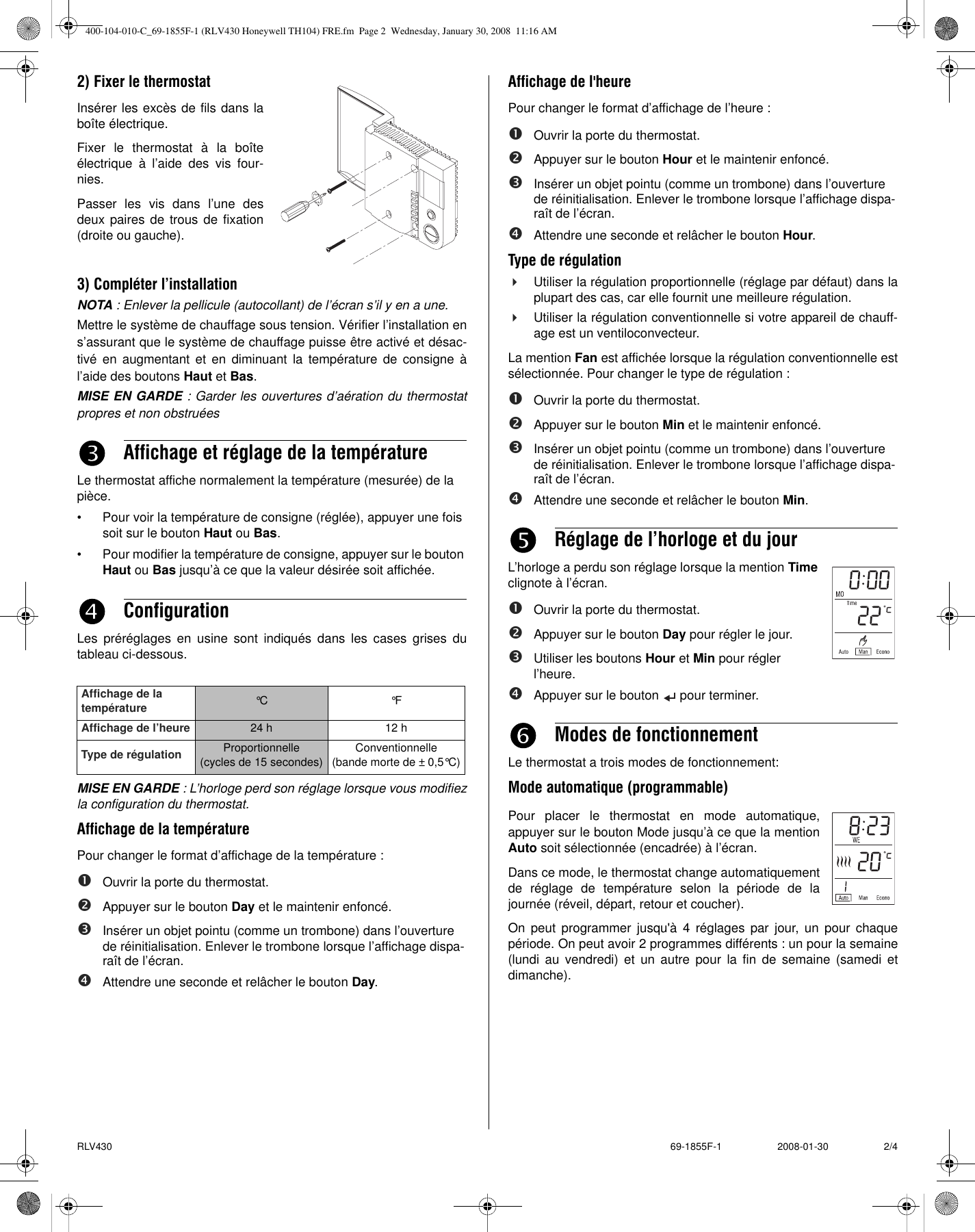 Page 2 of 4 - Honeywell Honeywell-Rlv430A-Owner-S-Manual 400-104-010-C_69-1855F-1 (RLV430 TH104) FRE