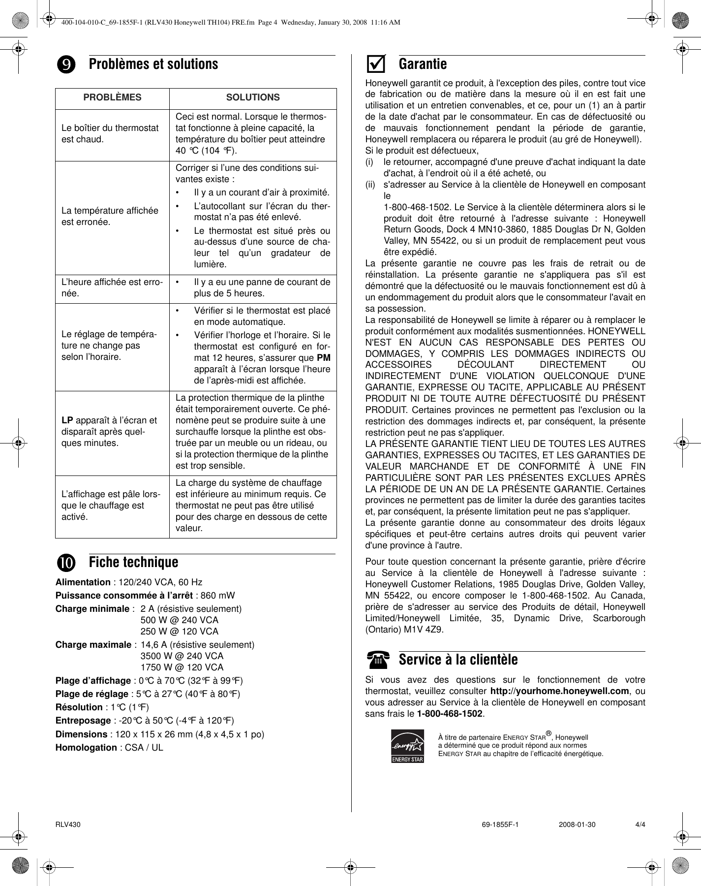 Page 4 of 4 - Honeywell Honeywell-Rlv430A-Owner-S-Manual 400-104-010-C_69-1855F-1 (RLV430 TH104) FRE