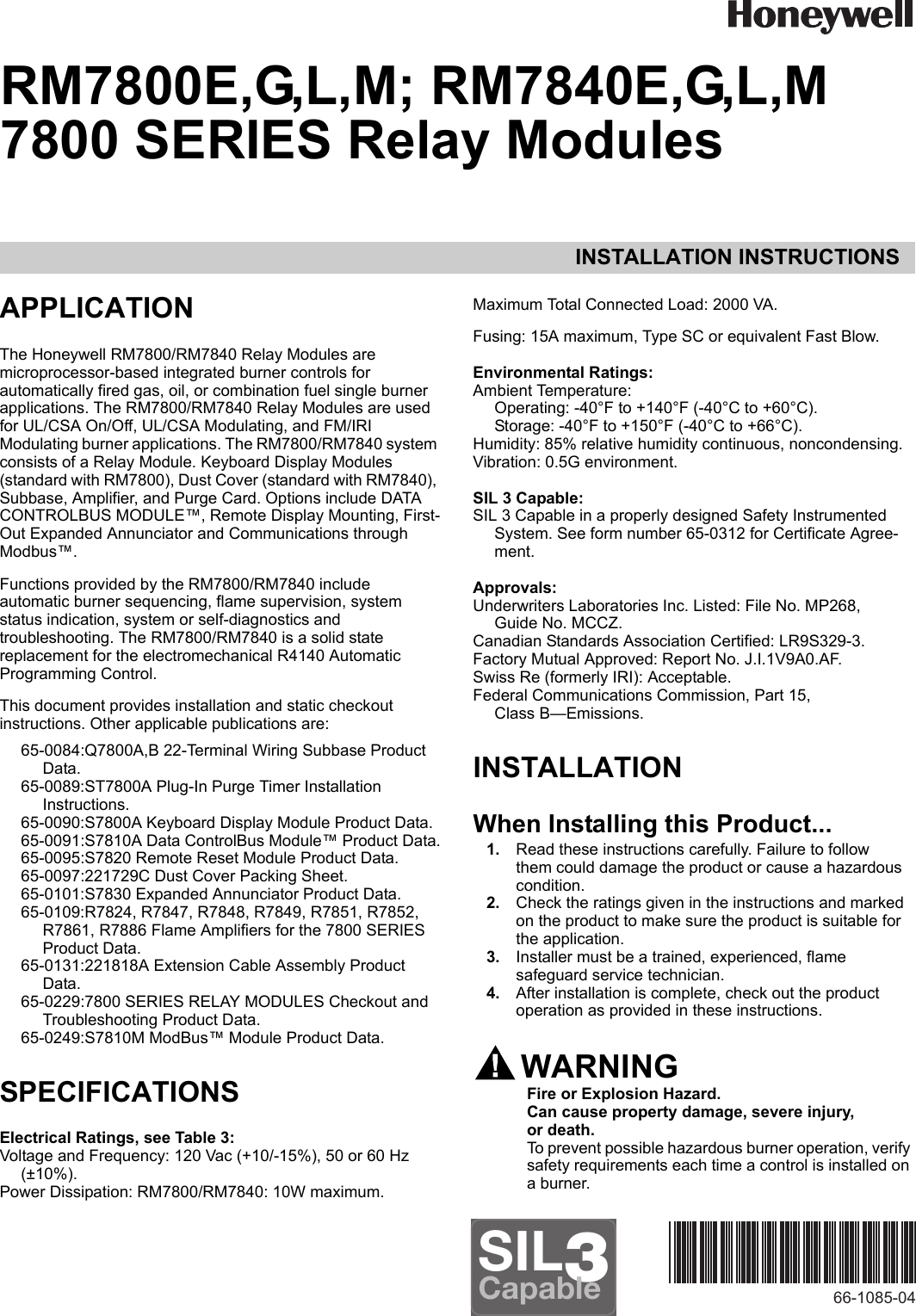 Honeywell Rm7800E Users Manual 66 1085—04 RM78 RM7800E,G,L,M; RM7840E,G