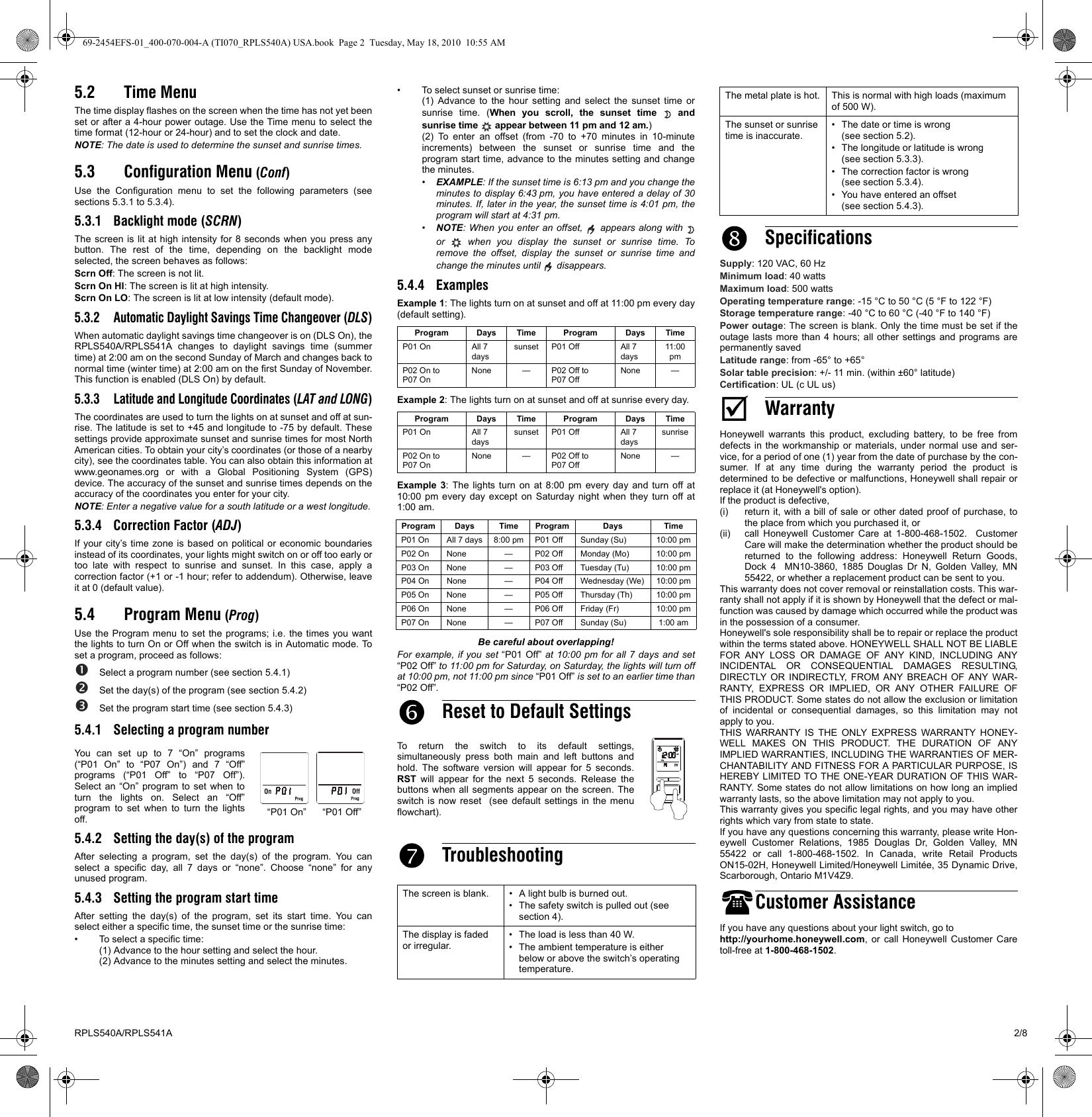 Page 2 of 8 - Honeywell Honeywell-Rpls540A-Users-Manual- 69-2454EFS-01_400-070-004-A (TI070_RPLS540A) USA  Honeywell-rpls540a-users-manual