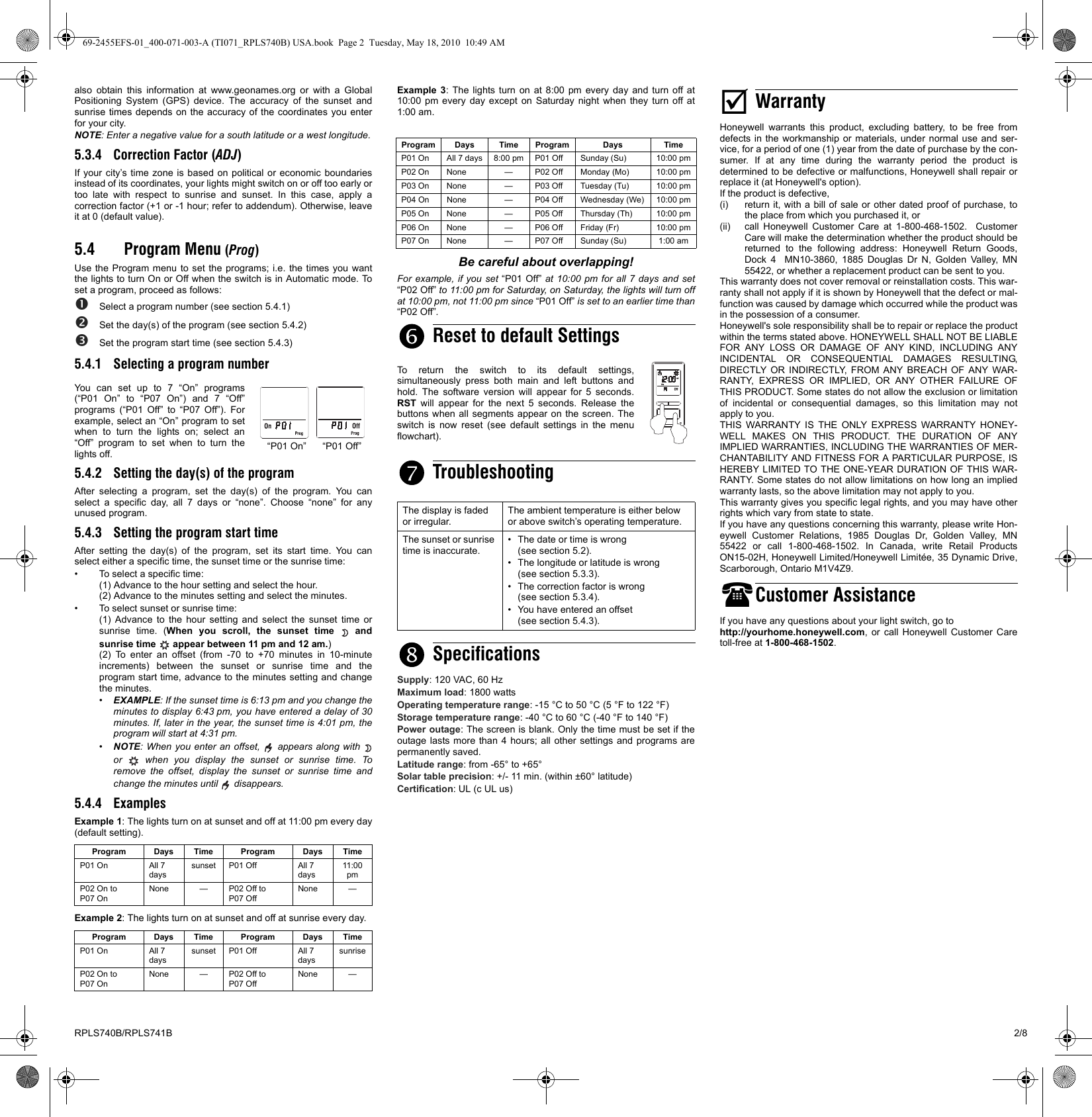 Page 2 of 8 - Honeywell Honeywell-Rpls740B-Users-Manual- 69-2455EFS-01_400-071-003-A (TI071_RPLS740B) USA  Honeywell-rpls740b-users-manual