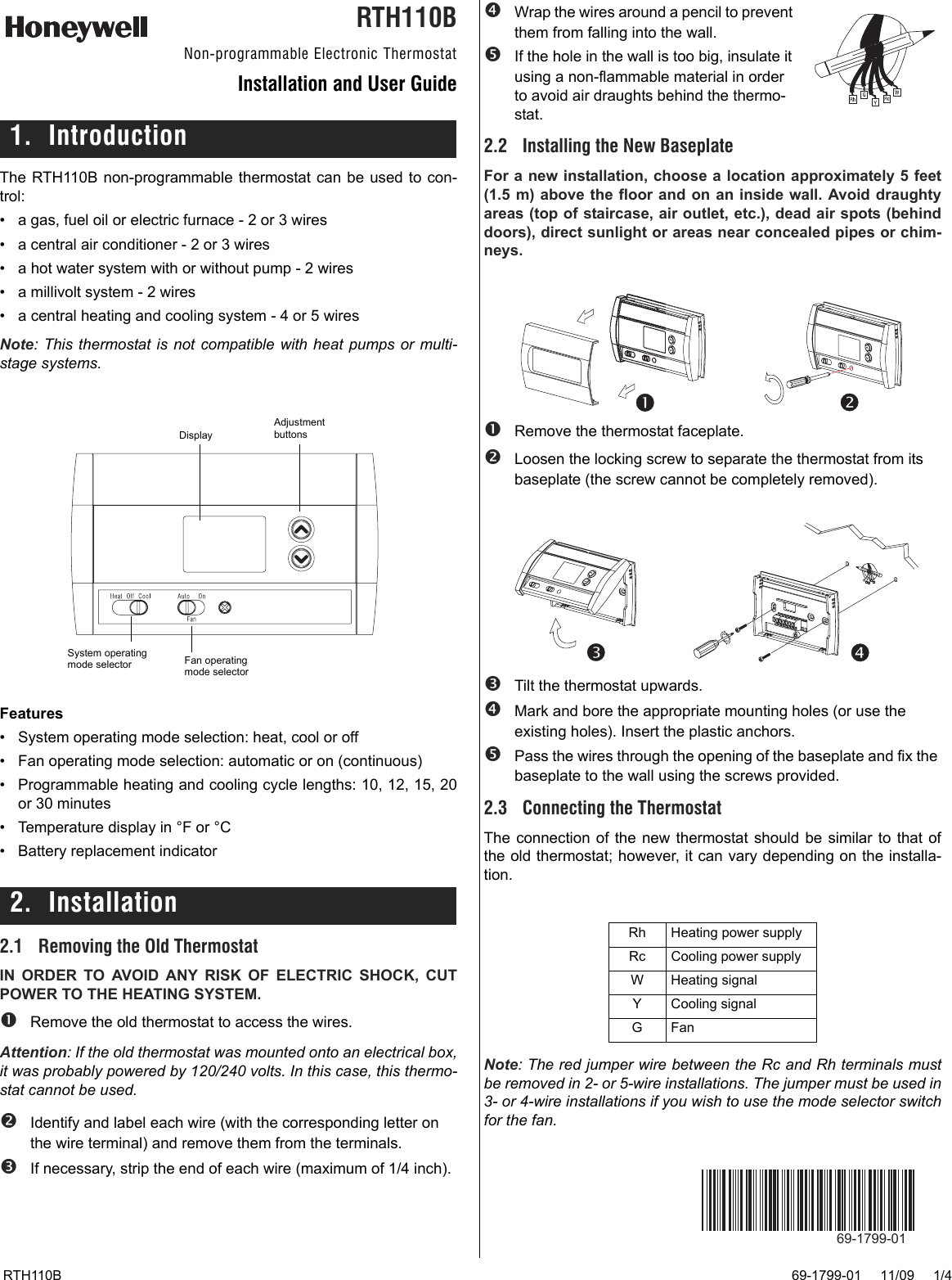 Honeywell Rth110B User Guide 69 1799 Non Programmable Electronic Thermostat