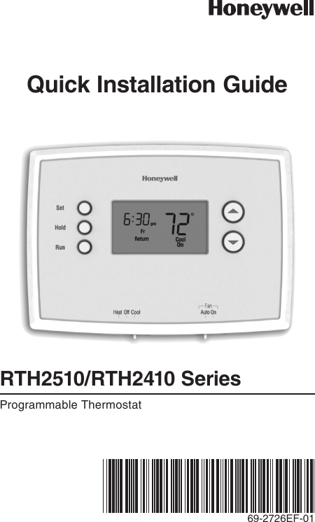 Honeywell Rth2410 Quick Installation Guide 69 2726EF 01 RTH2510/RTH2410