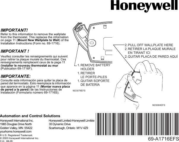 Page 1 of 1 - Honeywell Honeywell-Rth5100B1009-Rth5100B1017-Owner-S-Manual 69-1716EFS - RTH5100B1009 RTH5100B1017 Removing Back Plate