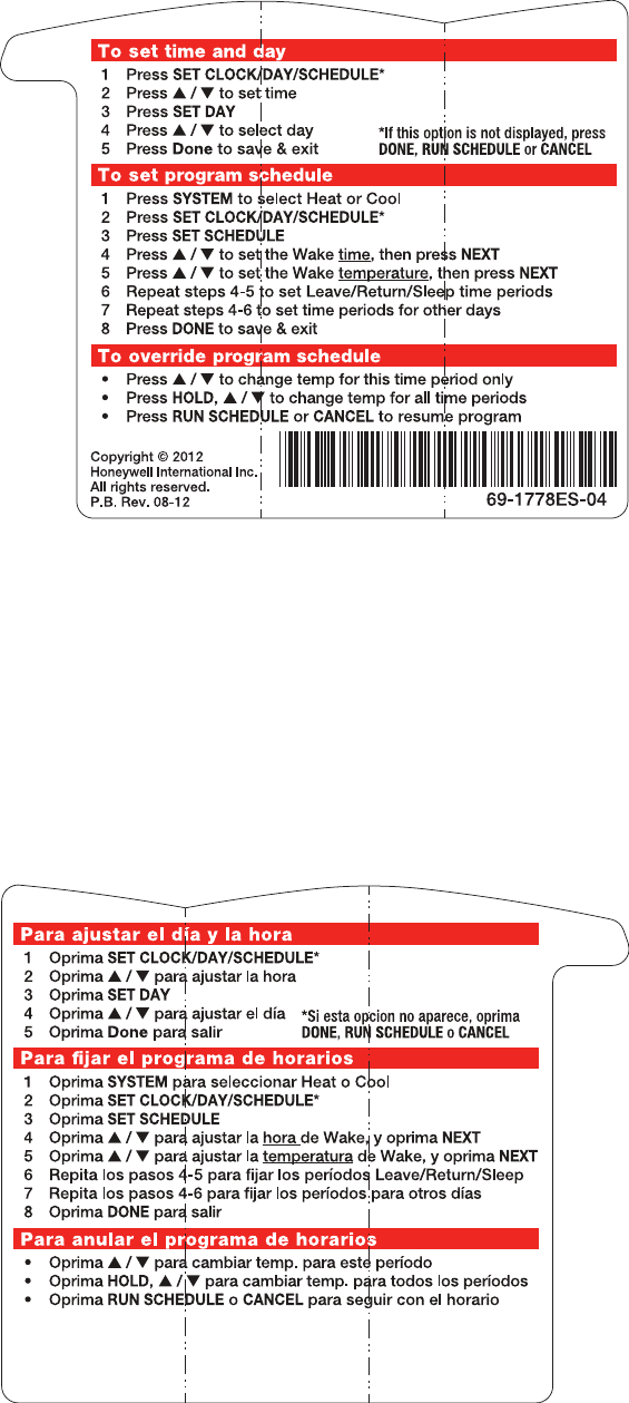 Honeywell Rth6300 Quick Reference Card 69 1778ES 04