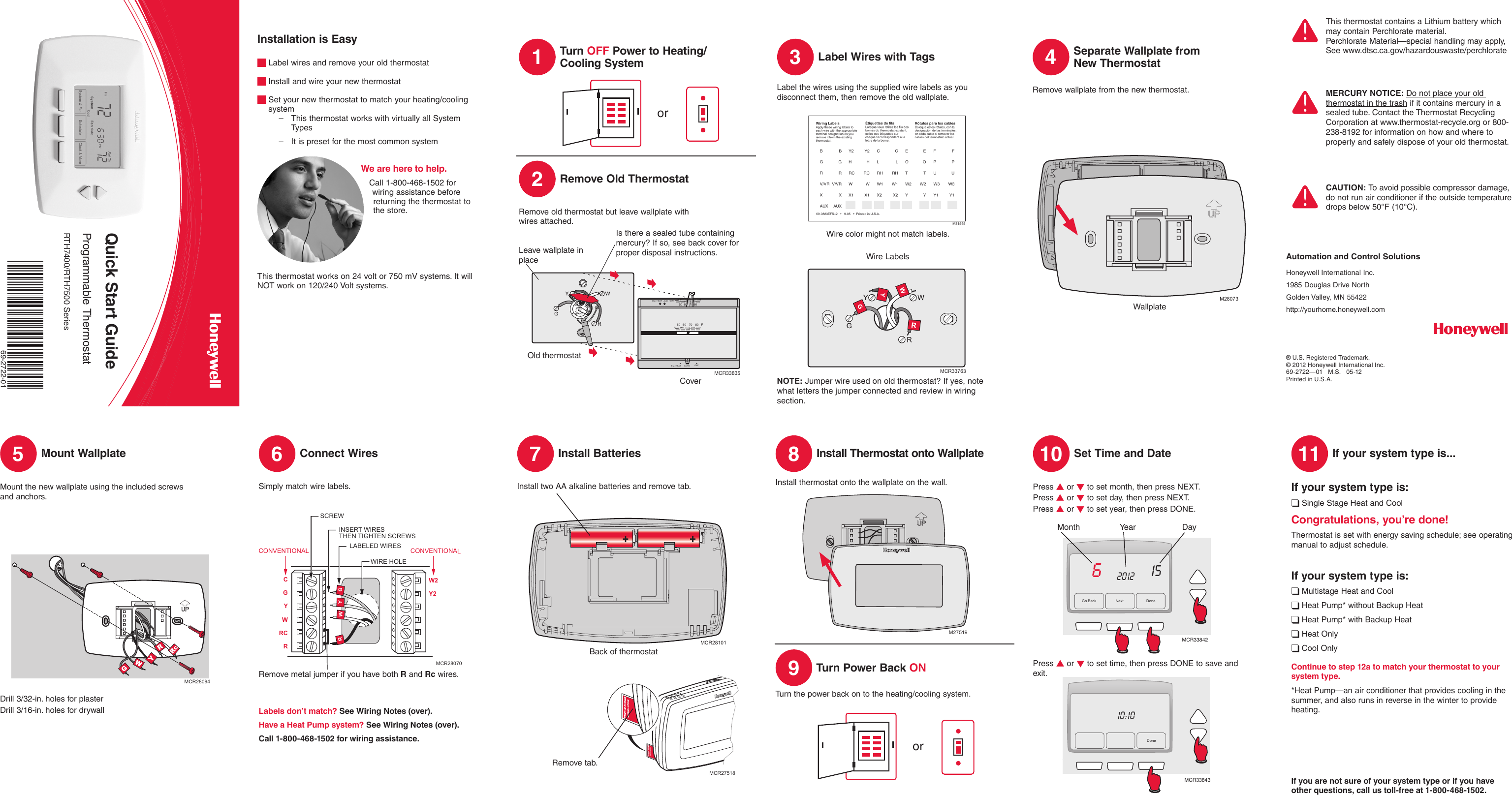 Page 1 of 2 - Honeywell Honeywell-Rth7500-Quick-Start-Manual- 69-2722-01 - RTH7400/RTH7500 Series  Honeywell-rth7500-quick-start-manual