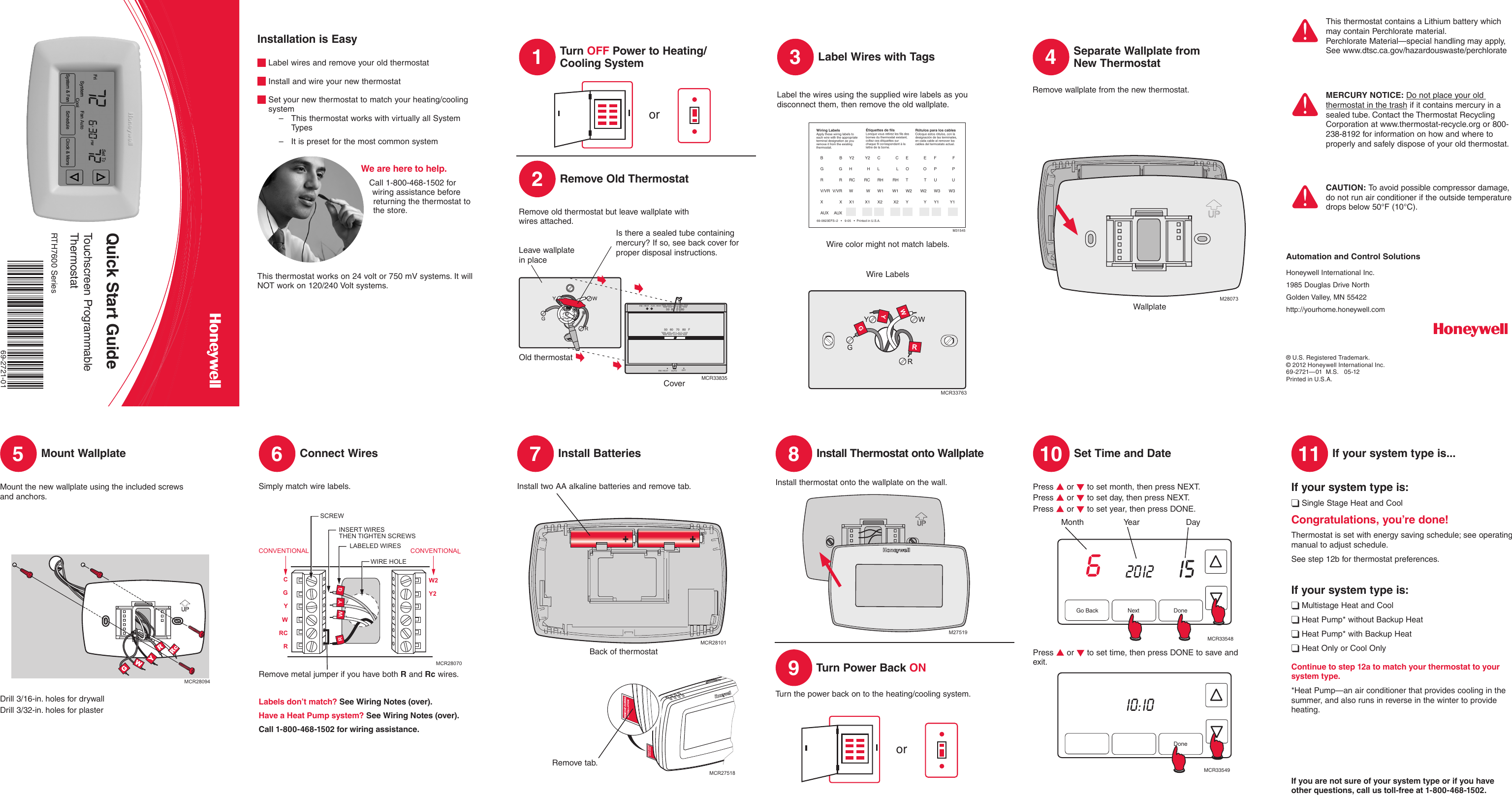 Page 1 of 2 - Honeywell Honeywell-Rth7600-Quick-Installation-Guide- 69-2721-01 - RTH7600 Series  Honeywell-rth7600-quick-installation-guide