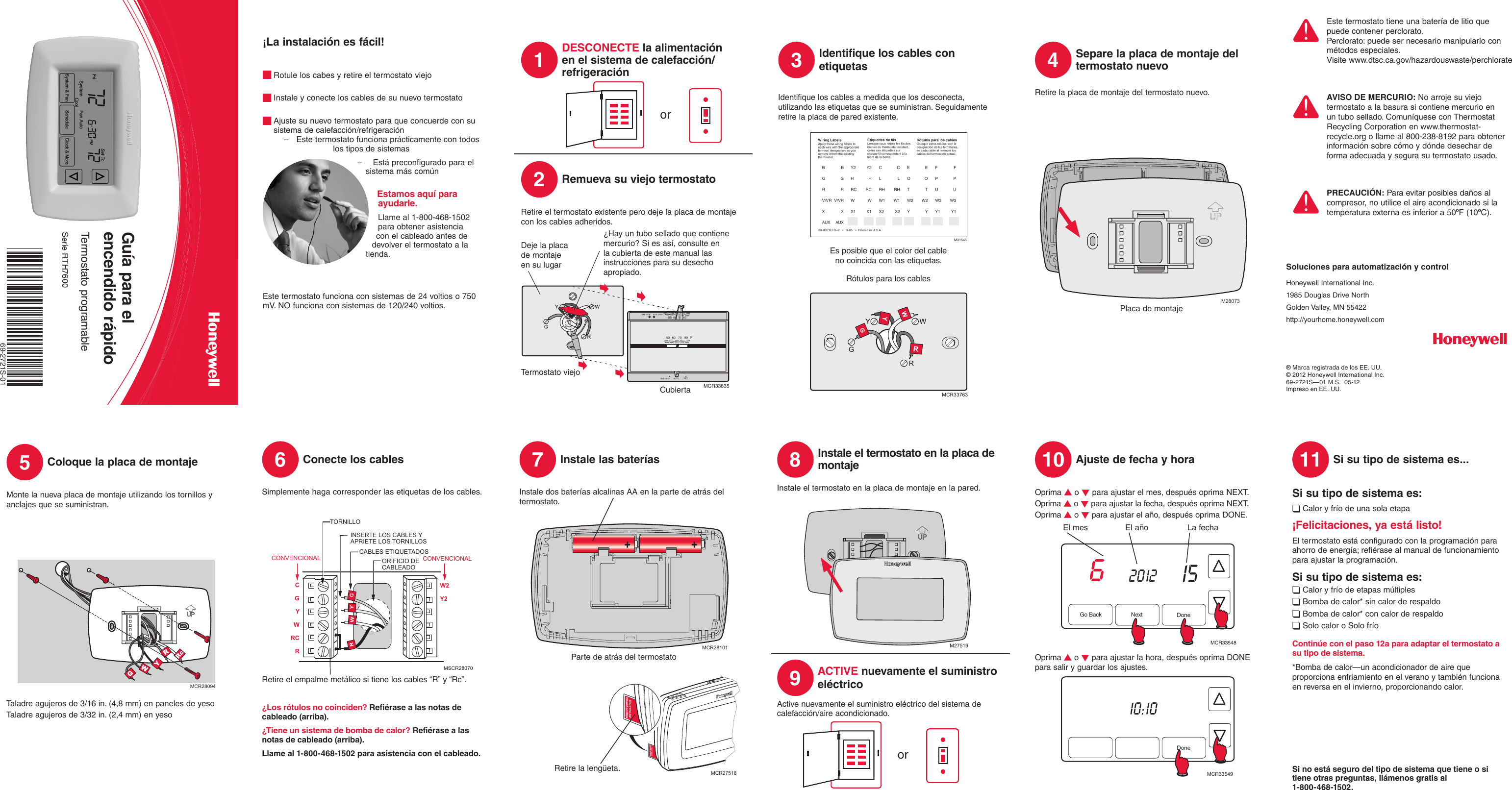 Page 1 of 2 - Honeywell Honeywell-Rth7600-Quick-Start-Manual- 69-2721S-01 - Serie RTH7600  Honeywell-rth7600-quick-start-manual