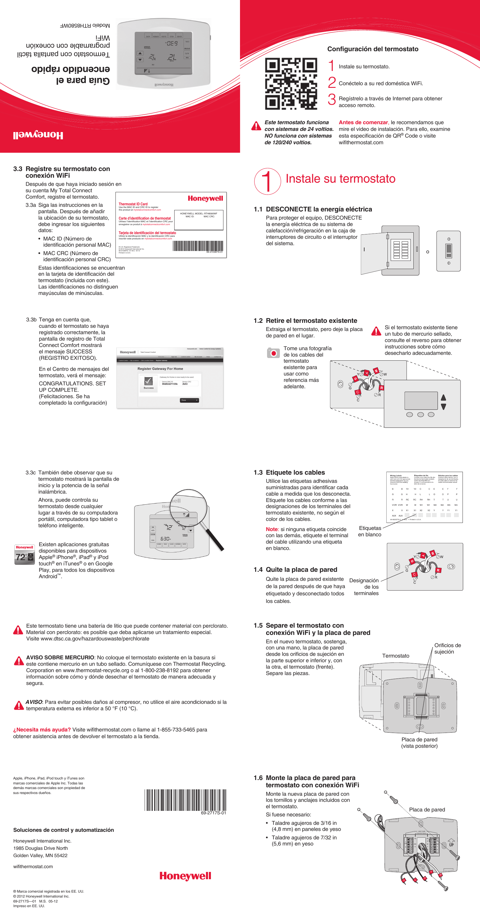 Page 1 of 2 - Honeywell Honeywell-Rth8500-Quick-Start-Manual- 69-2717S-01 - Termostato Con Pantalla Táctil Programable Conexión WiFi  Honeywell-rth8500-quick-start-manual