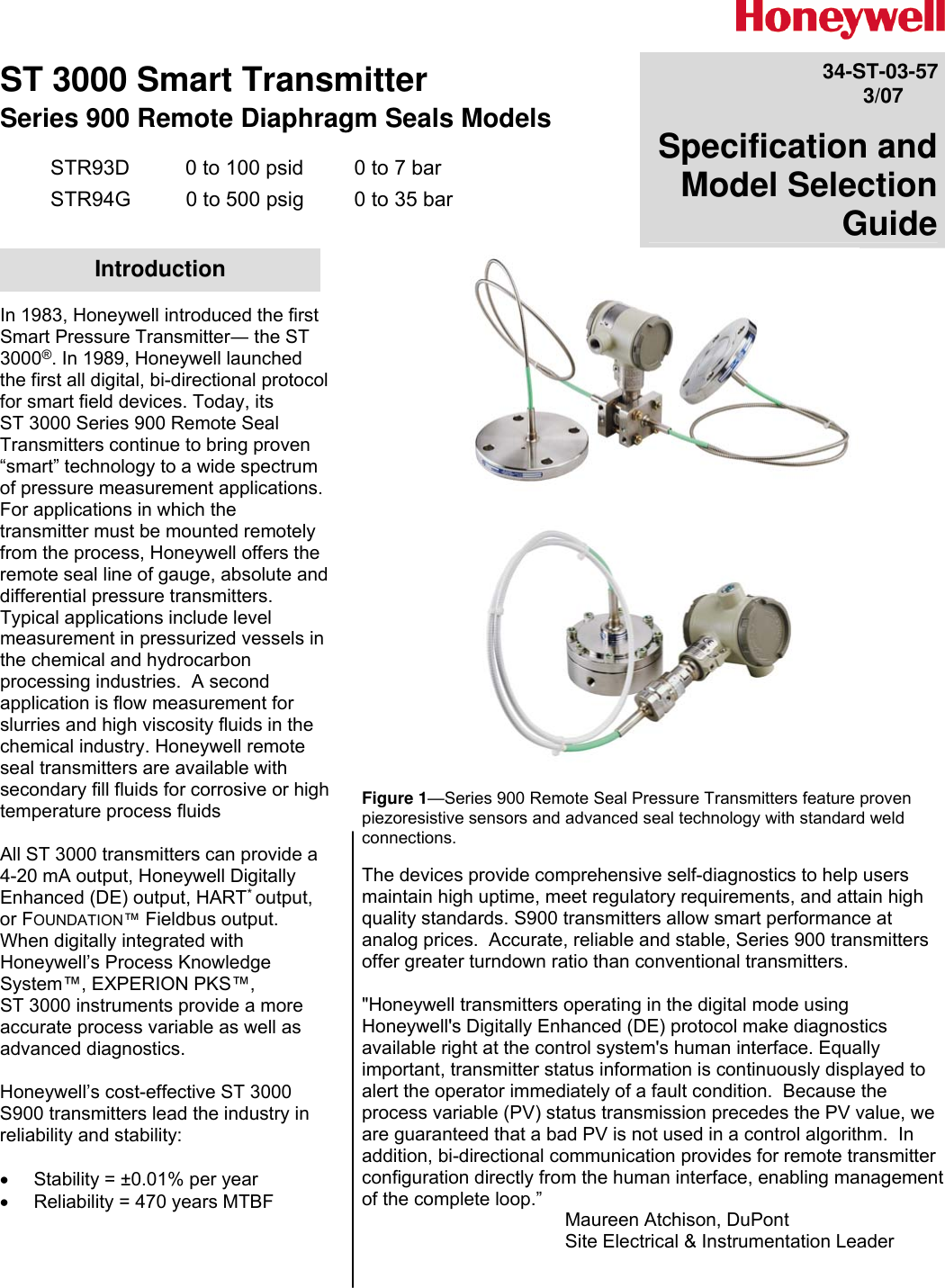 Honeywell St 3000 Smart Transmitter Str93D Users Manual