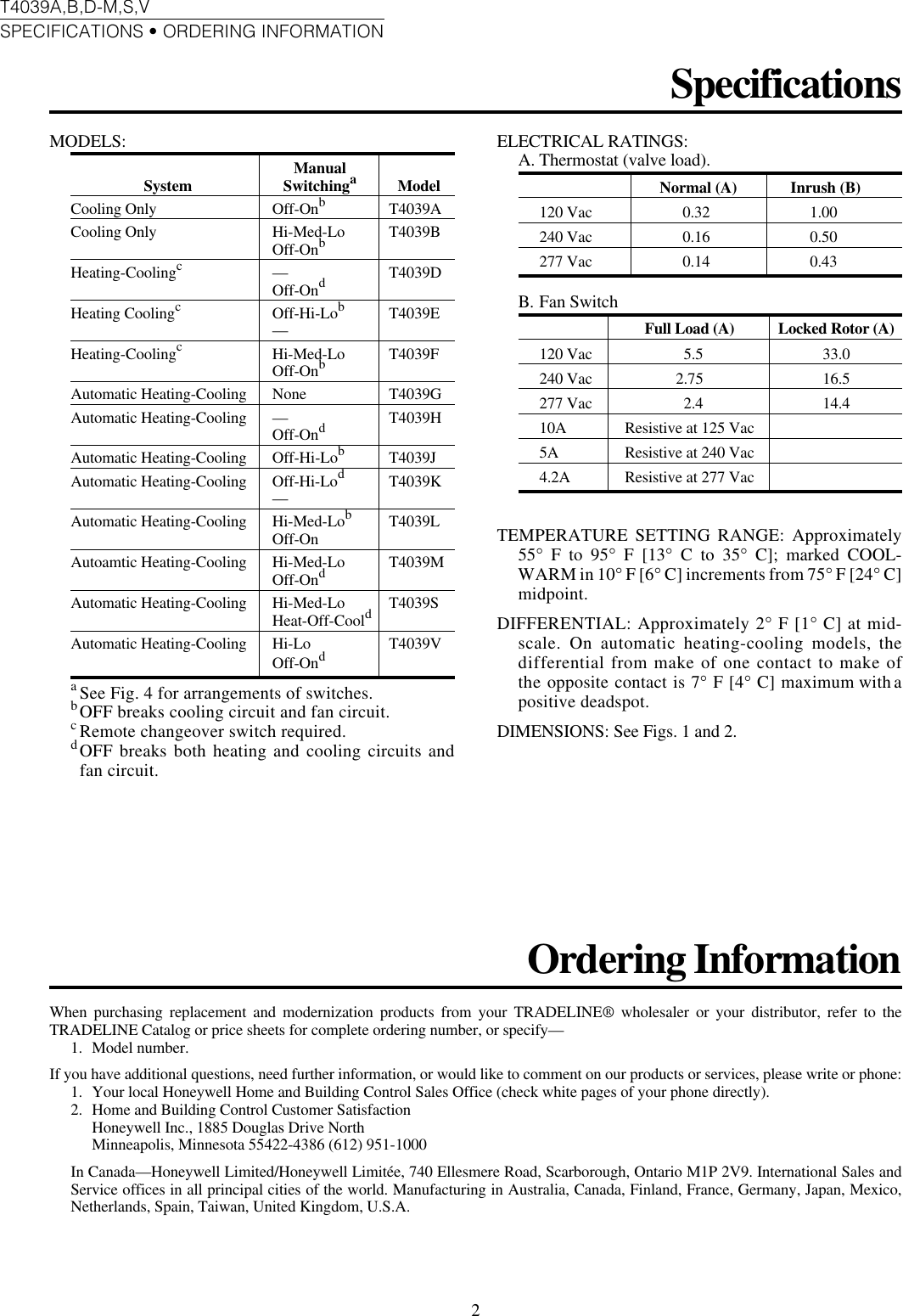 Page 2 of 8 - Honeywell Honeywell-T4039A-Users-Manual- 60-2241 - T4039A,B,D-M,S,V Line Voltage Cooling And Heating-Cooling Thermostats  Honeywell-t4039a-users-manual