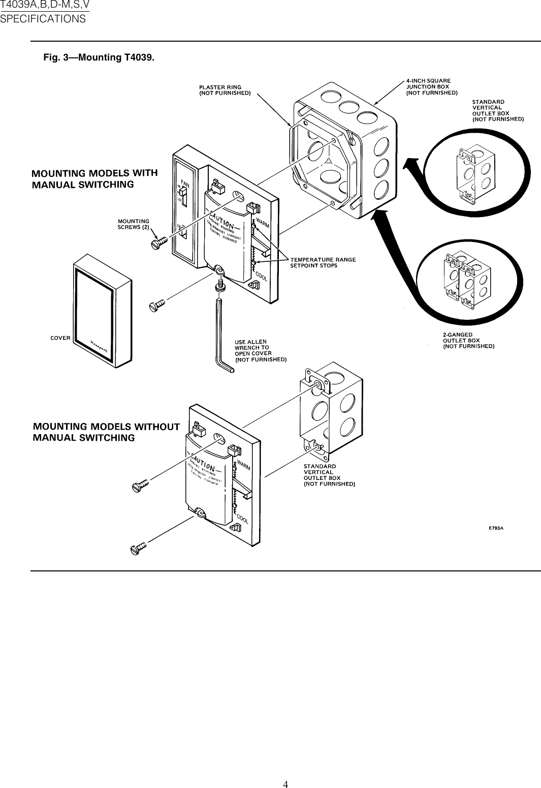 Page 4 of 8 - Honeywell Honeywell-T4039A-Users-Manual- 60-2241 - T4039A,B,D-M,S,V Line Voltage Cooling And Heating-Cooling Thermostats  Honeywell-t4039a-users-manual