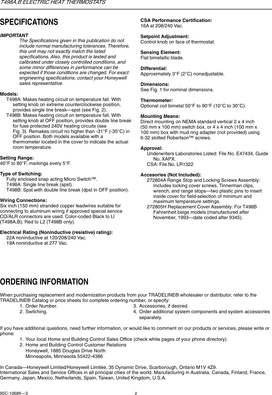 Page 2 of 8 - Honeywell Honeywell-T498A-Users-Manual- 95C-10686 T498A,B Electric Heat Thermostats  Honeywell-t498a-users-manual