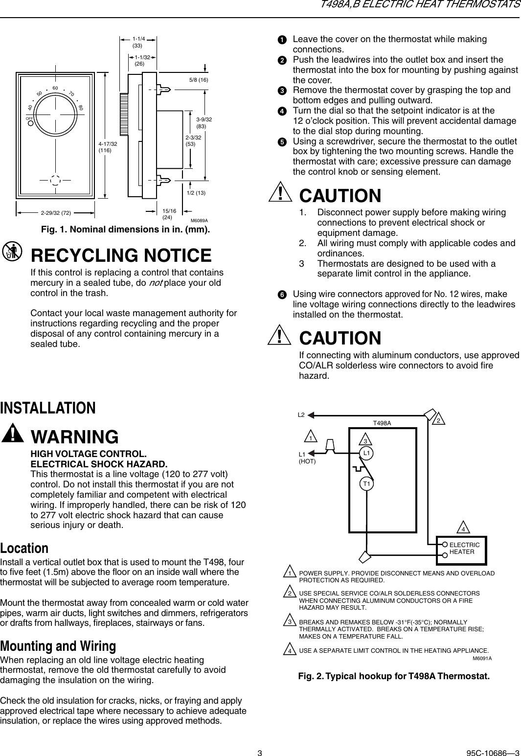 Honeywell T498A Users Manual 95C 10686 T498A,B Electric Heat Thermostats