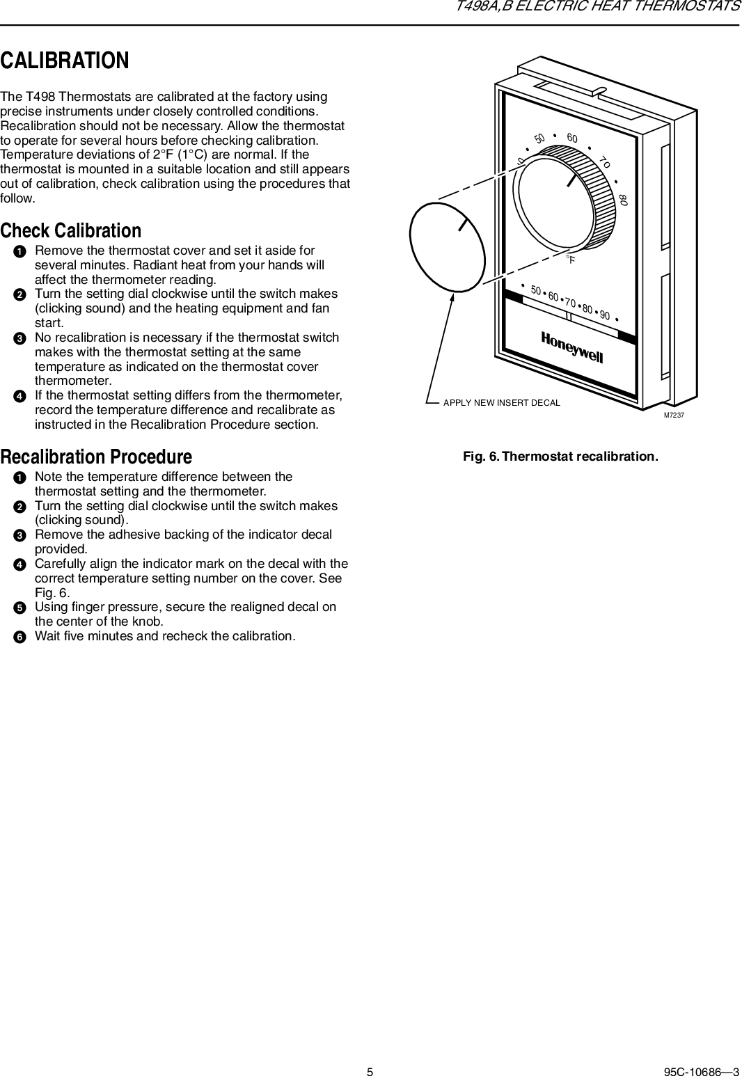 Page 6 of 8 - Honeywell Honeywell-T498A-Users-Manual- 95C-10686 T498A,B Electric Heat Thermostats  Honeywell-t498a-users-manual