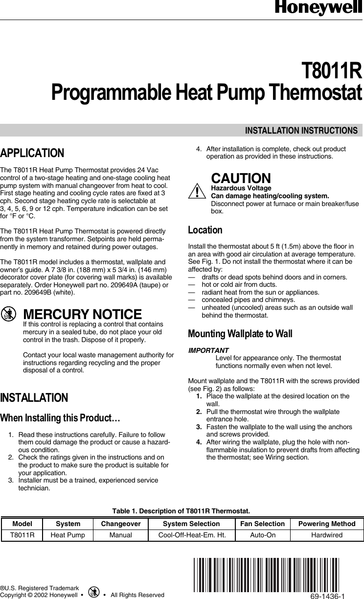 Page 1 of 6 - Honeywell Honeywell-T8011R-Users-Manual- 69-1436 - T8011R Programmable Heat Pump Thermostat  Honeywell-t8011r-users-manual
