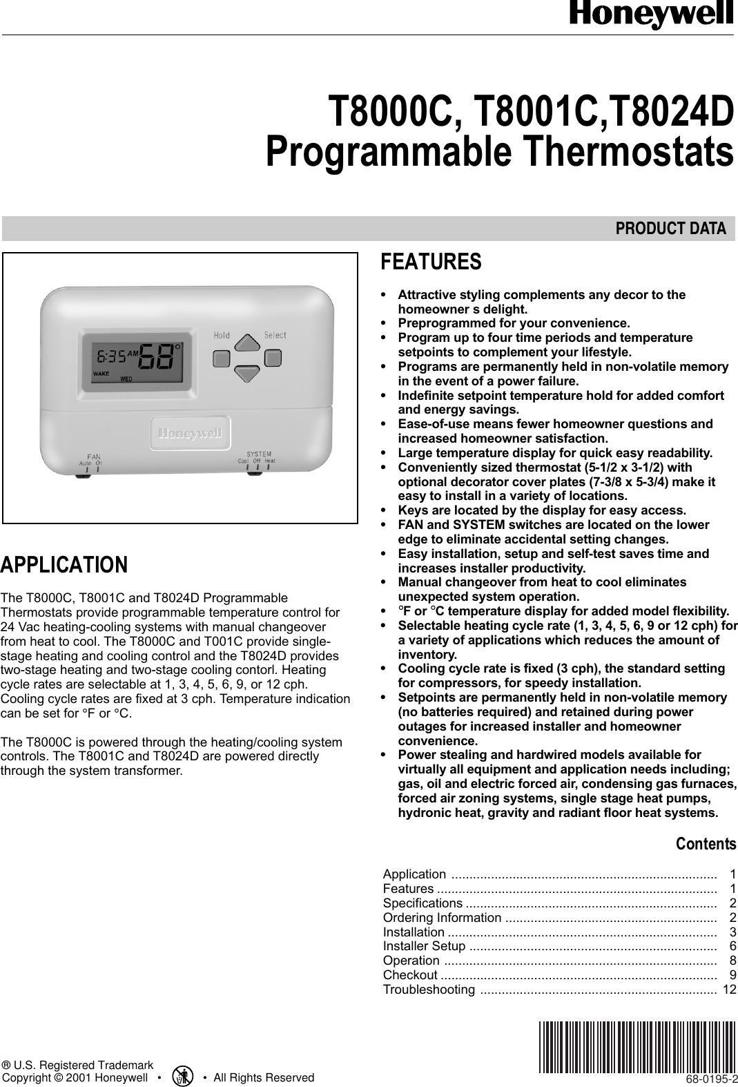 Page 1 of 12 - Honeywell Honeywell-T8024D-Users-Manual- 68-0195  Honeywell-t8024d-users-manual
