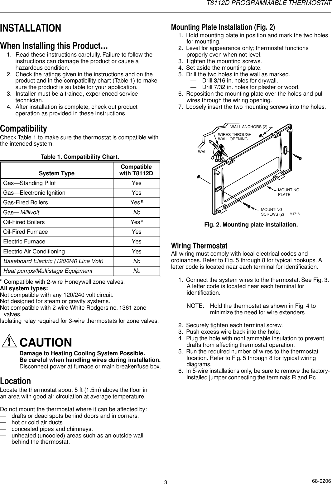 Page 3 of 8 - Honeywell Honeywell-T8112D-Owners-Manual- 68-0170 - T8112 Programmable Thermostat  Honeywell-t8112d-owners-manual