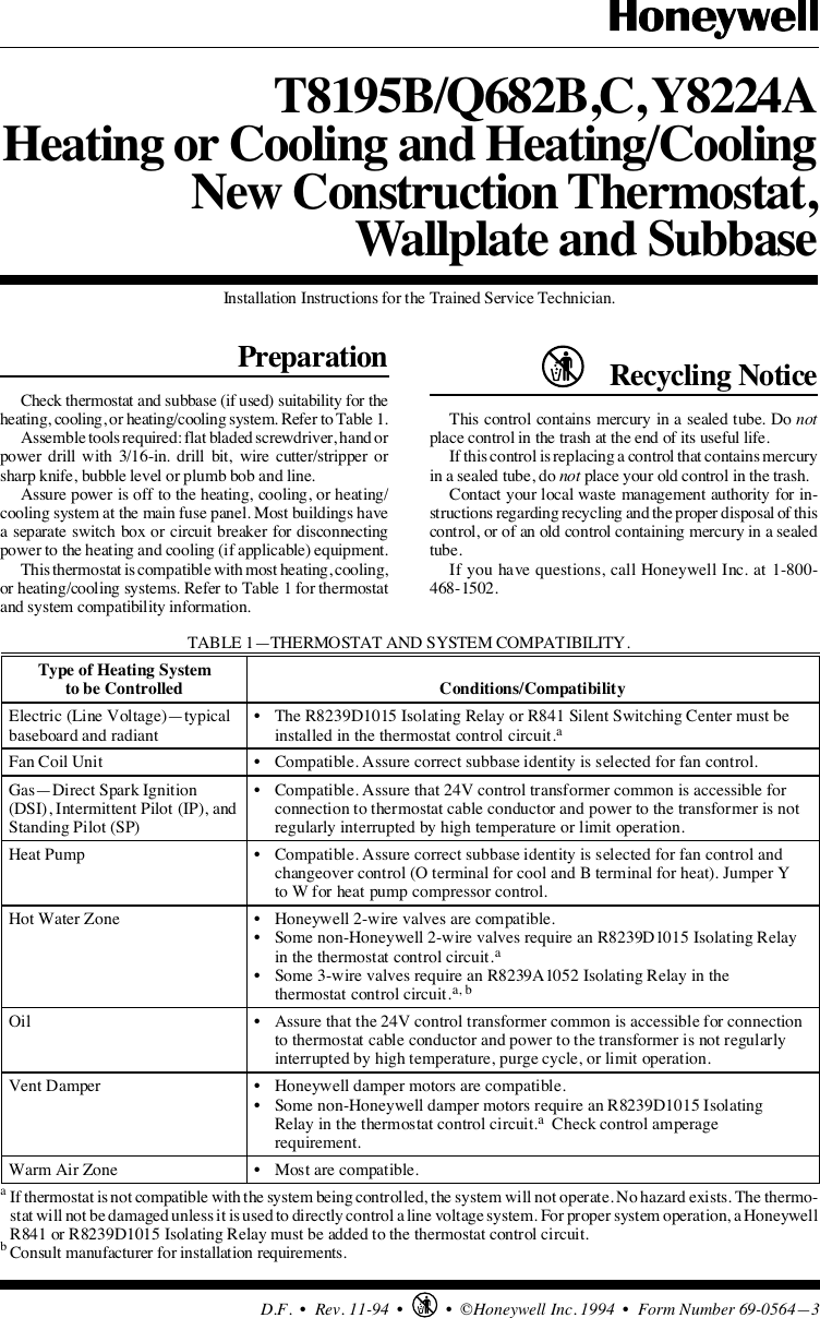 Page 1 of 8 - Honeywell Honeywell-T8195B-Users-Manual- 69-0564 - T8195B/Q682B,C, Y8224A Heating Or Cooling And Heating/Cooling New Construction Thermostat, Wallplate Subbase  Honeywell-t8195b-users-manual