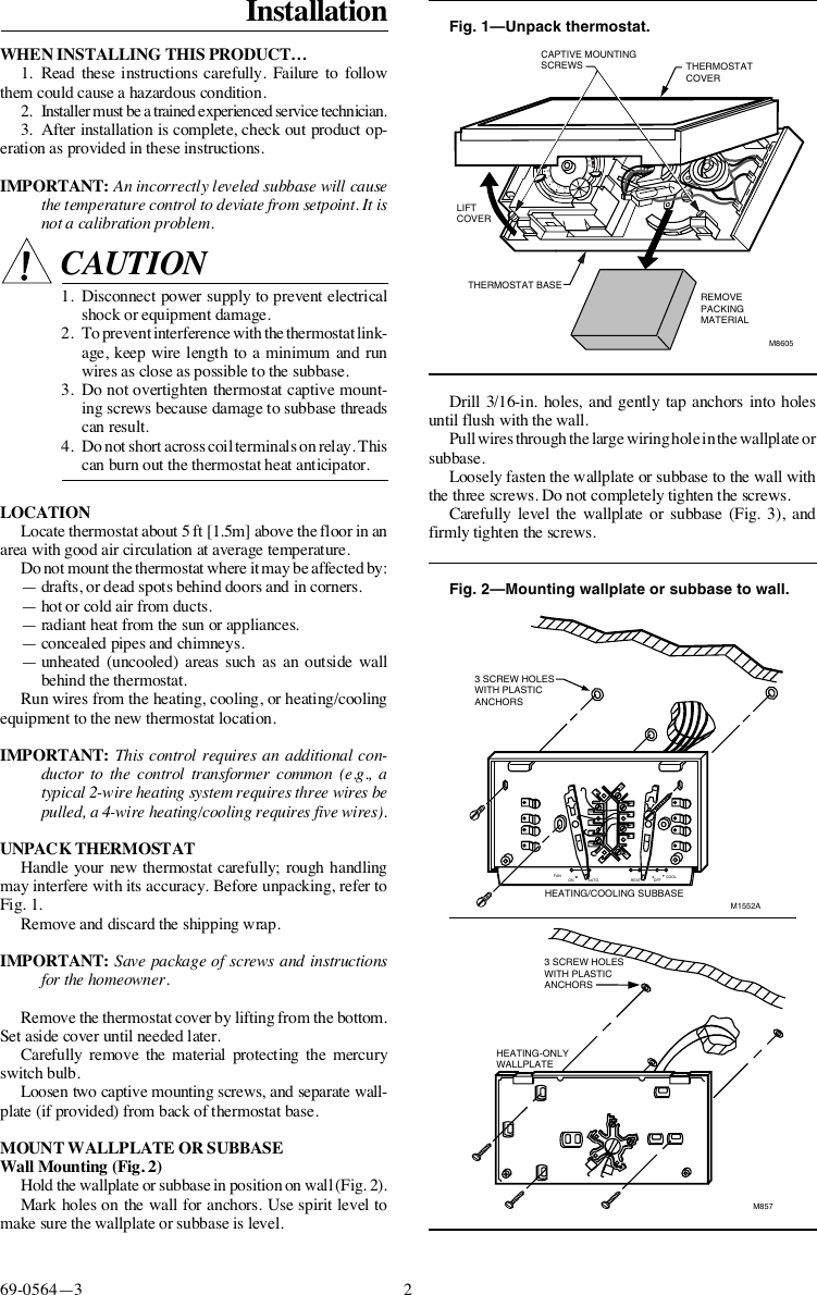 Page 2 of 8 - Honeywell Honeywell-T8195B-Users-Manual- 69-0564 - T8195B/Q682B,C, Y8224A Heating Or Cooling And Heating/Cooling New Construction Thermostat, Wallplate Subbase  Honeywell-t8195b-users-manual