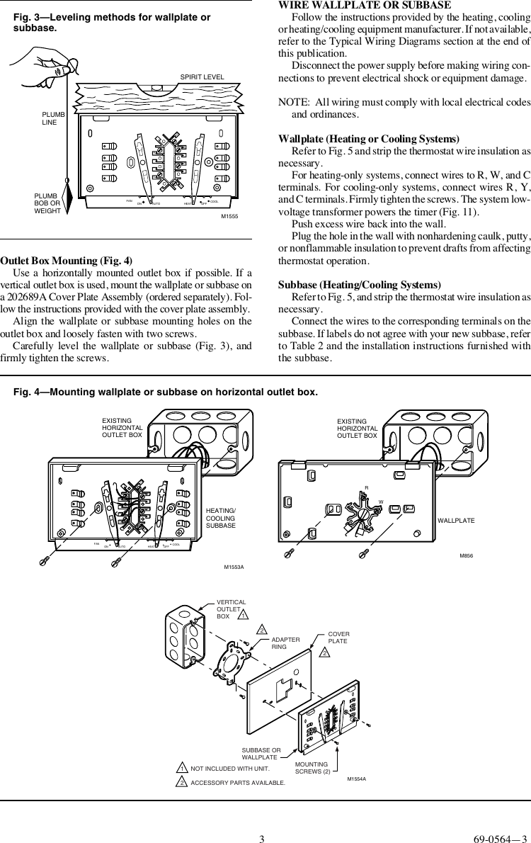 Page 3 of 8 - Honeywell Honeywell-T8195B-Users-Manual- 69-0564 - T8195B/Q682B,C, Y8224A Heating Or Cooling And Heating/Cooling New Construction Thermostat, Wallplate Subbase  Honeywell-t8195b-users-manual