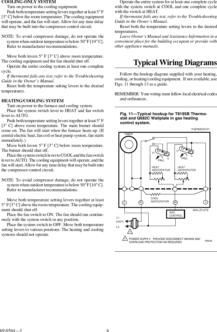 Page 6 of 8 - Honeywell Honeywell-T8195B-Users-Manual- 69-0564 - T8195B/Q682B,C, Y8224A Heating Or Cooling And Heating/Cooling New Construction Thermostat, Wallplate Subbase  Honeywell-t8195b-users-manual