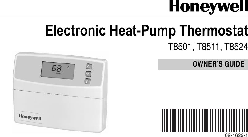 Page 1 of 8 - Honeywell Honeywell-T8524-Users-Manual- 69-1629 - Electronic Heat-Pump Thermostat T8501, T8511, T8524  Honeywell-t8524-users-manual