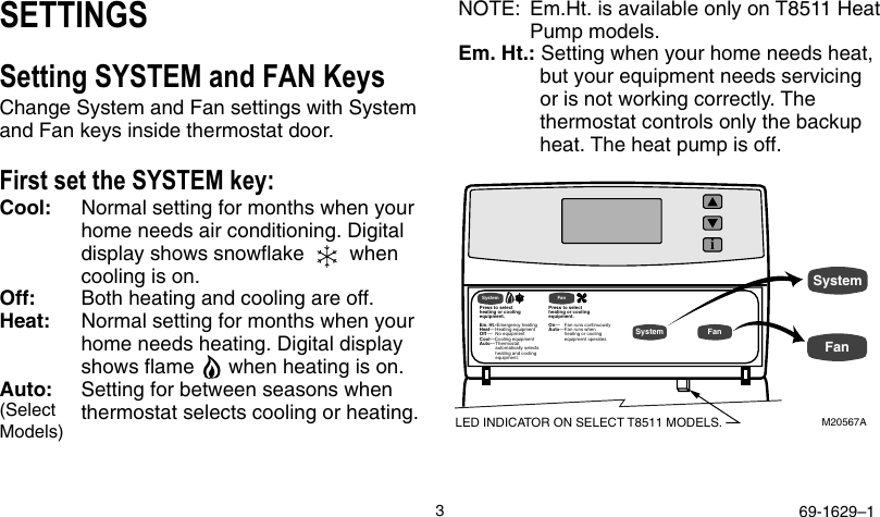Page 3 of 8 - Honeywell Honeywell-T8524-Users-Manual- 69-1629 - Electronic Heat-Pump Thermostat T8501, T8511, T8524  Honeywell-t8524-users-manual