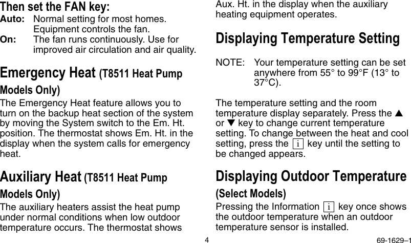 Page 4 of 8 - Honeywell Honeywell-T8524-Users-Manual- 69-1629 - Electronic Heat-Pump Thermostat T8501, T8511, T8524  Honeywell-t8524-users-manual